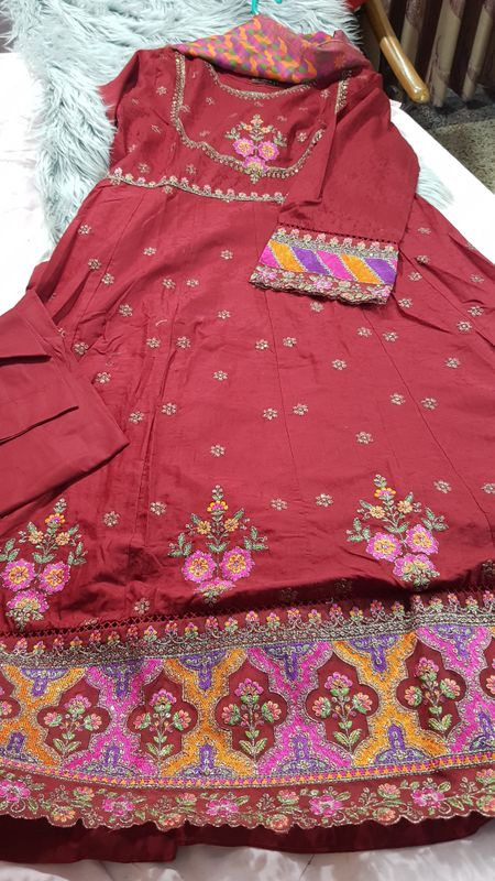 3 Piece Stitched Elegant Lawn Collection | Bin Saeed-Maroon Frock (Imported from Pakistan) - Image 1