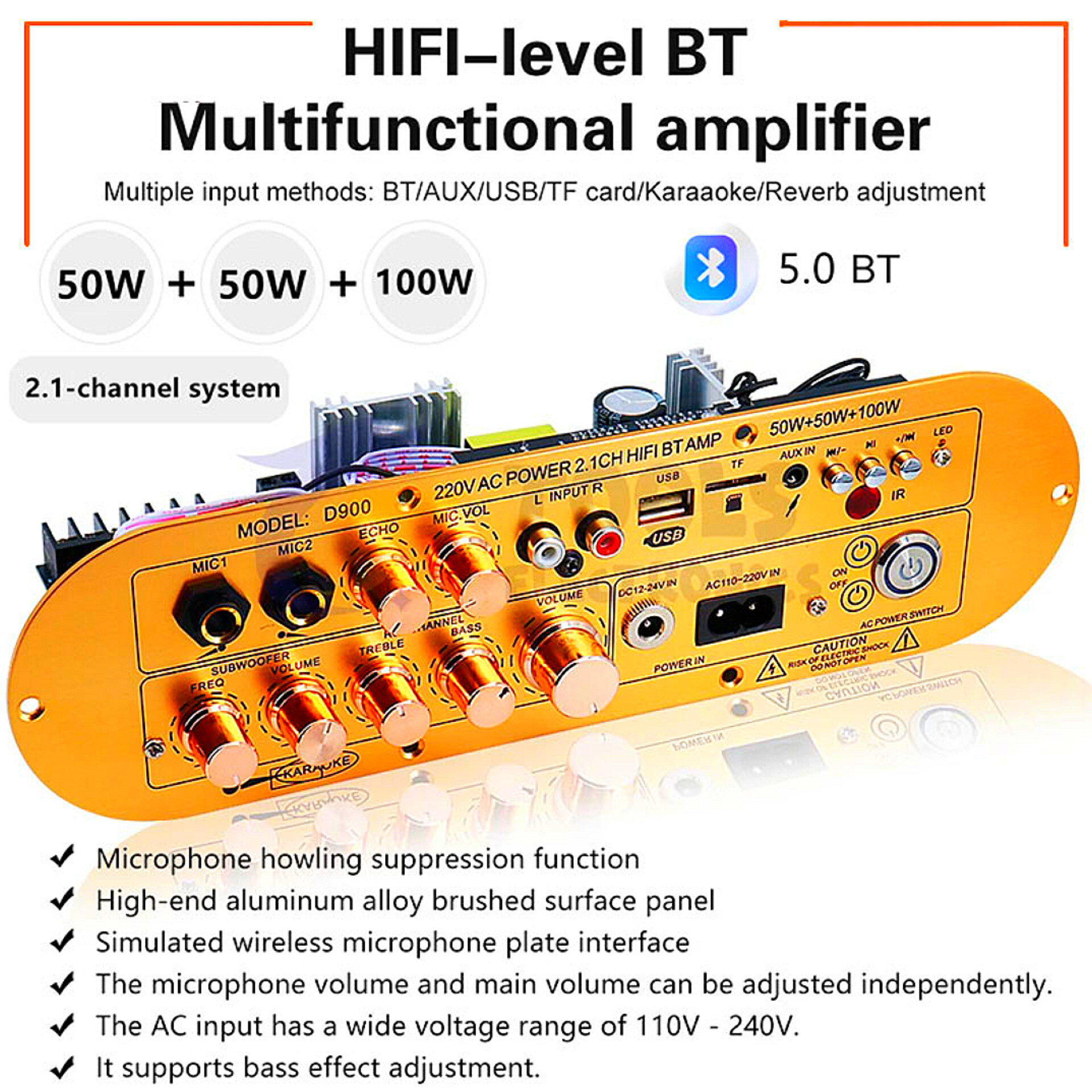 D900 2.1 Channel 2X50W+100W Powerful Amplified board High/LowTone Power Amplifier Board Module For Active Speaker_img_1