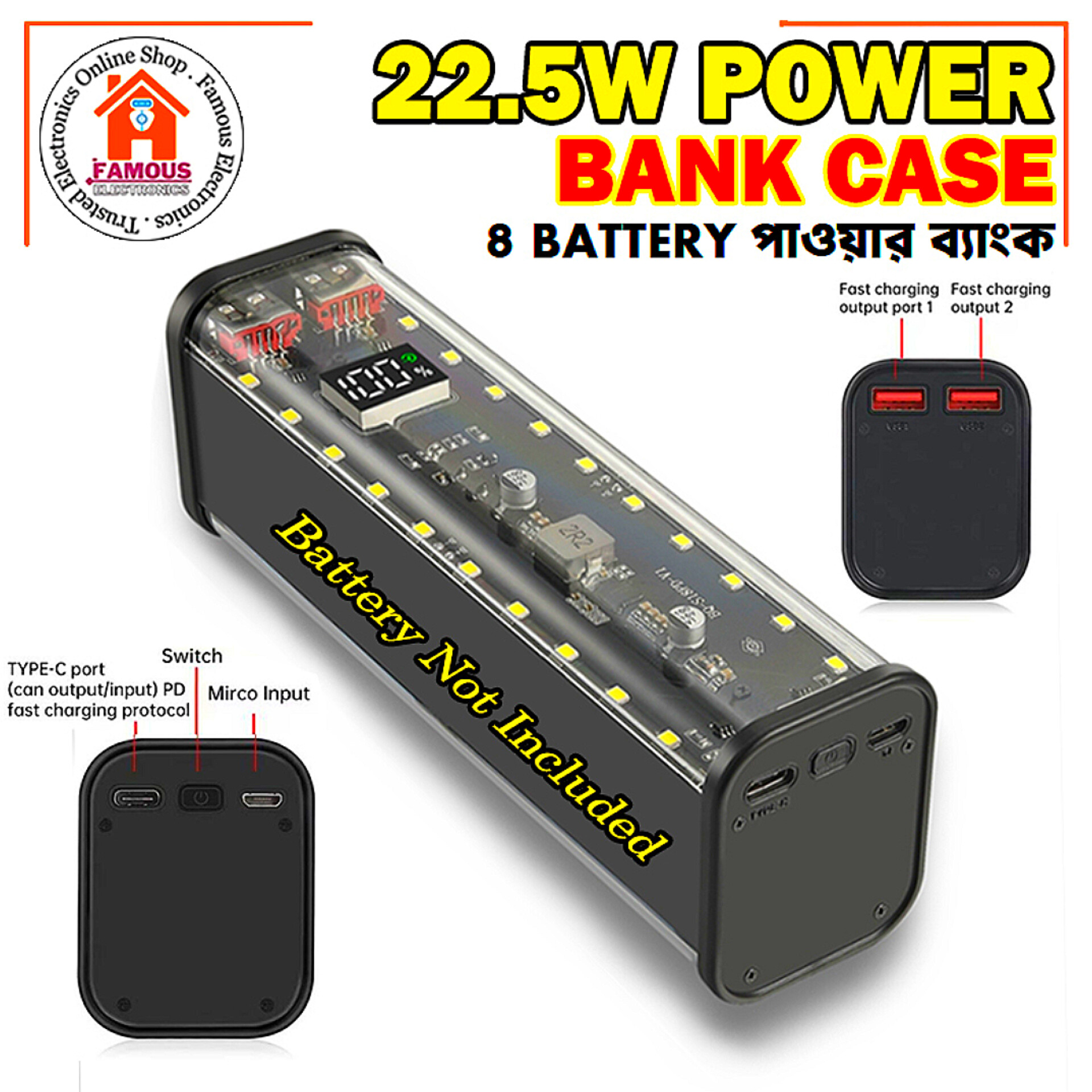 8*18650 Power Bank Case 22.5W Fast Charging Power Bank Case 18650 LED USB C Micro USB Ports Battery Storage Box For Huawei Xiaomi