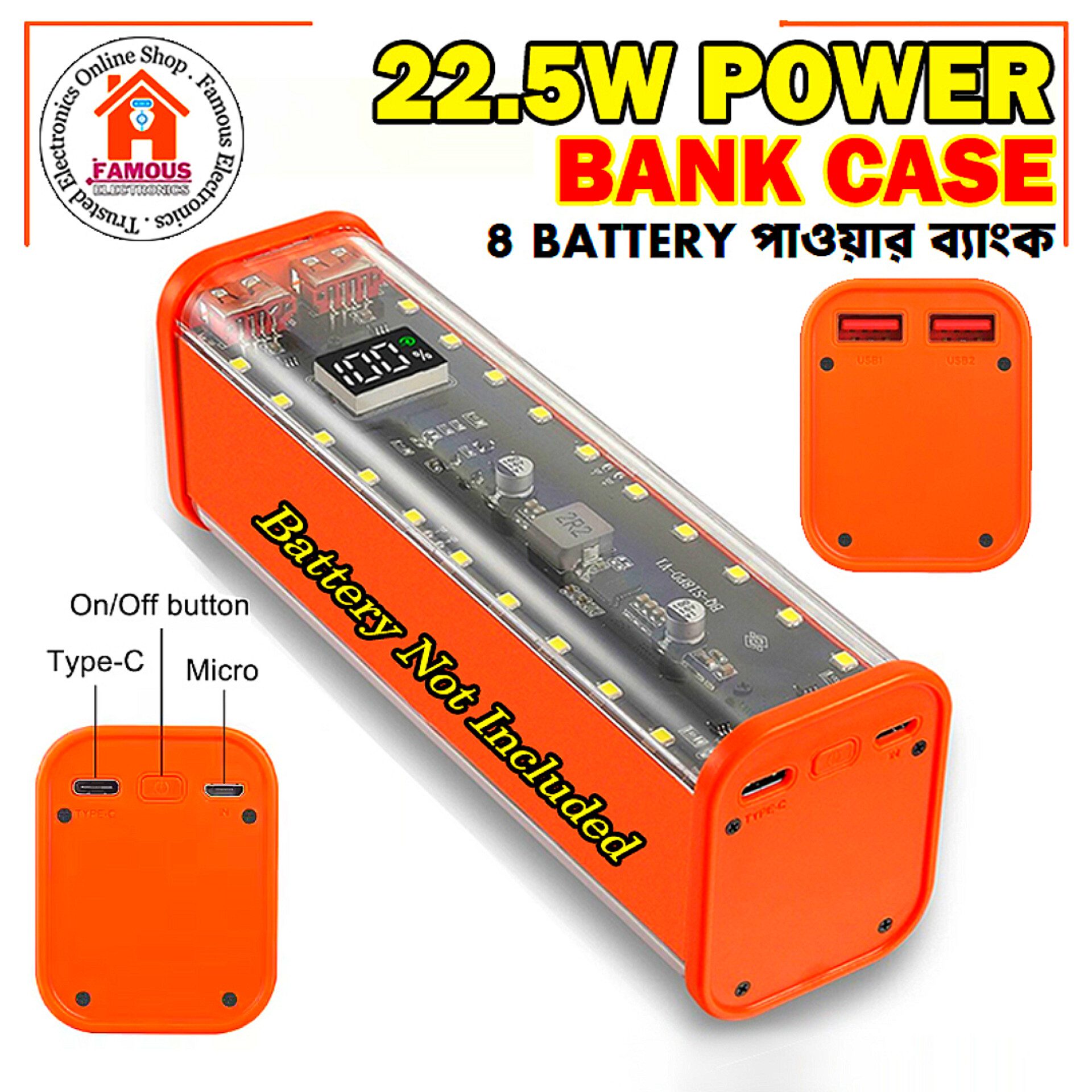 8*18650 Power Bank Case 22.5W Fast Charging Power Bank Case 18650 LED USB C Micro USB Ports Battery Storage Box For Huawei Xiaomi_img_1