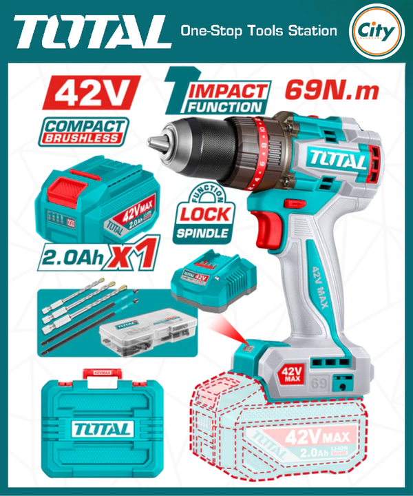 ৪২ ভোল্ট কম্প্যাক্ট ব্রাশলেস কর্ডলেস ইমপ্যাক্ট ড্রিল মেশিন TOTAL TOOLS TIDLI426981