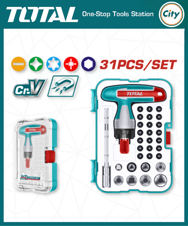 ৩১ পিস টি হ্যান্ডেল রেঞ্চ স্ক্রু ড্রাইভার সেট TOTAL TOOLS TACSD30316