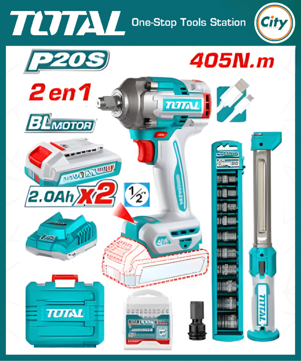 ২০ ভোল্ট লিথিয়াম আয়ন ব্রাশলেশ মটর ইমপ্যাক্ট রেঞ্চ কোম্বো কীট TOTAL TOSLI23056