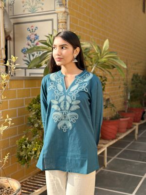 Teal Blue Cotton Kurti With Floral Embroidery_img_0