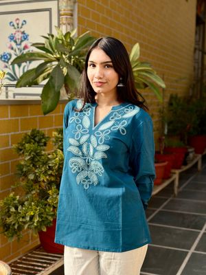 Teal Blue Cotton Kurti With Floral Embroidery_img_1