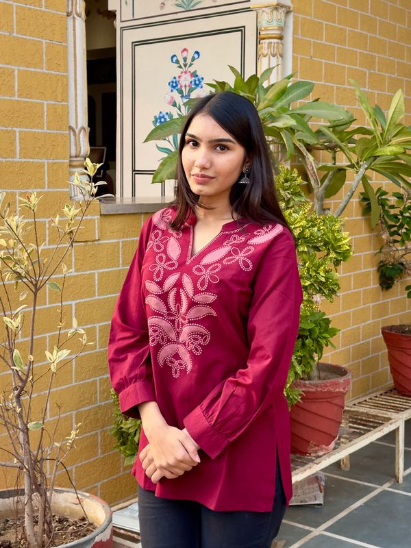 Maroon Cotton Kurti With Floral Embroidery
