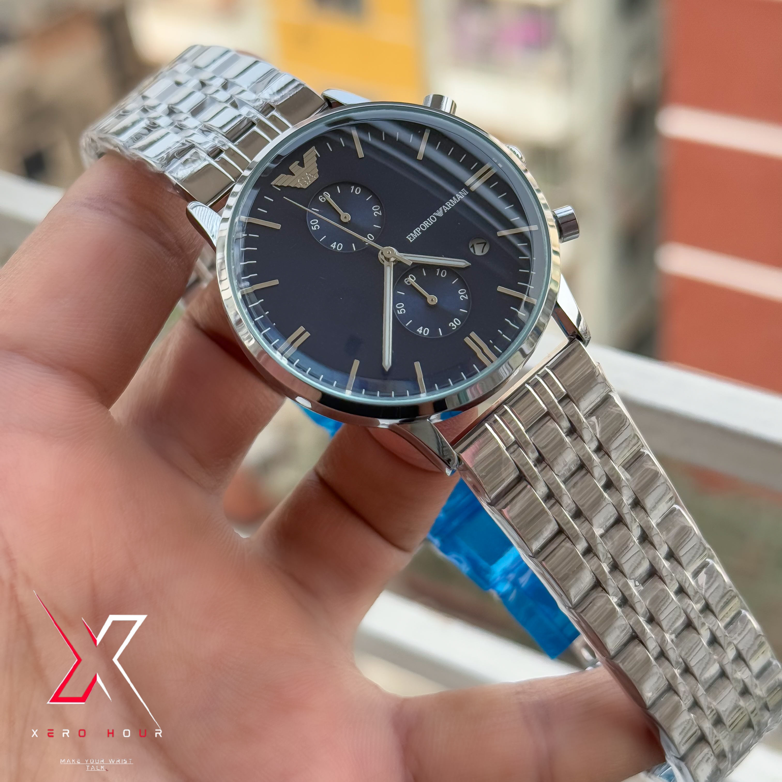 Emporio Armani Plain Chronograph | Date Just | Blue Dial | Round glass