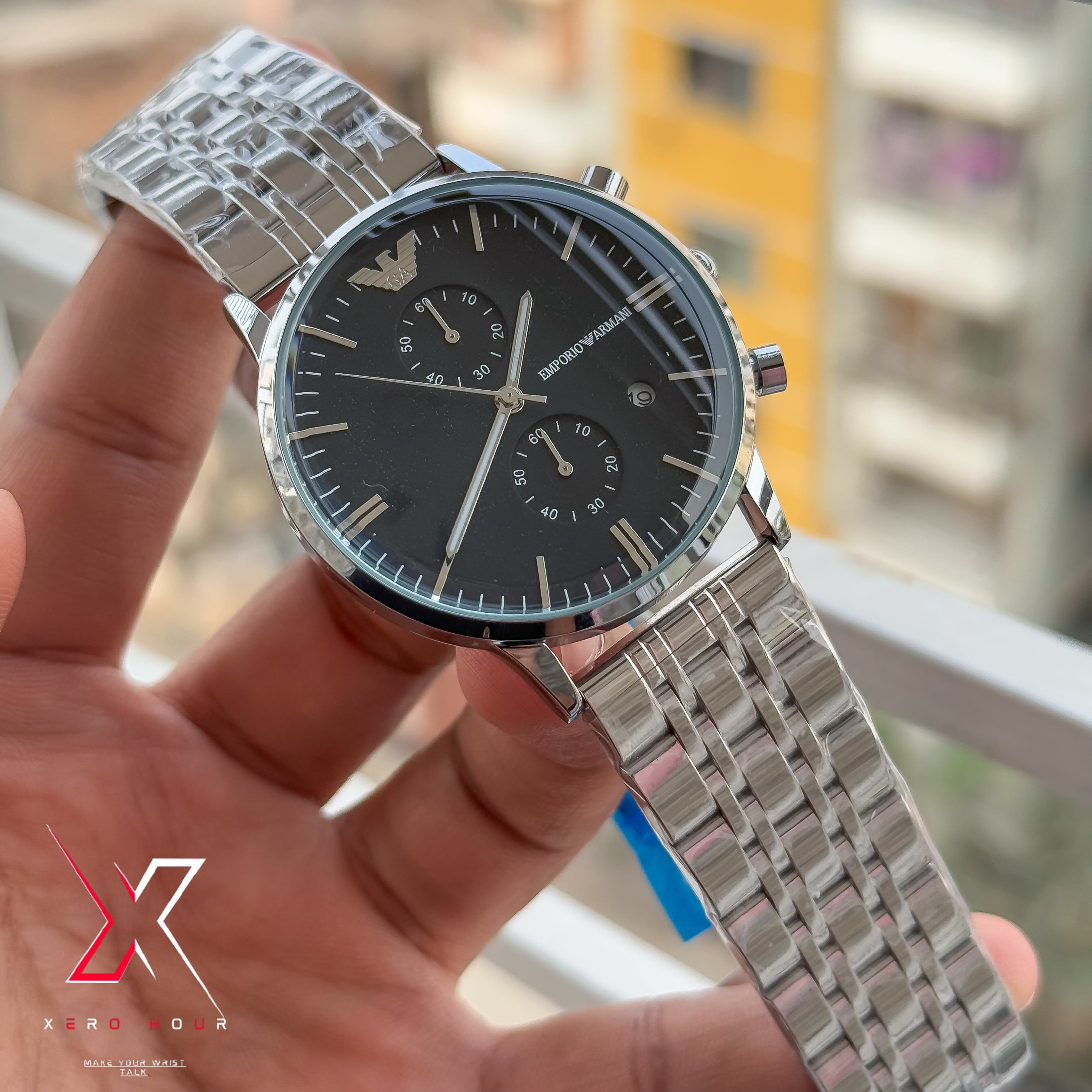 Emporio Armani Plain Chronograph | Date Just | Black Dial | Round glass