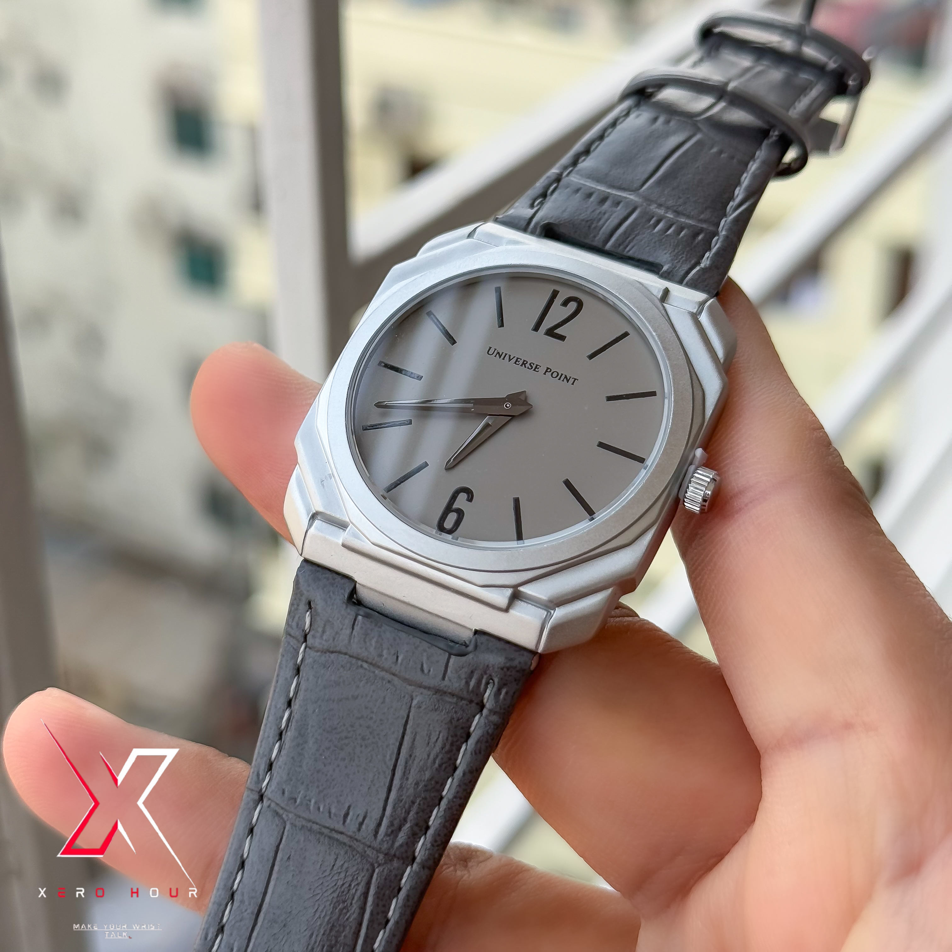 Universe Point | Blvgari style Leather belt | Super Slim | Dual Tone | Grey dial |Authentic