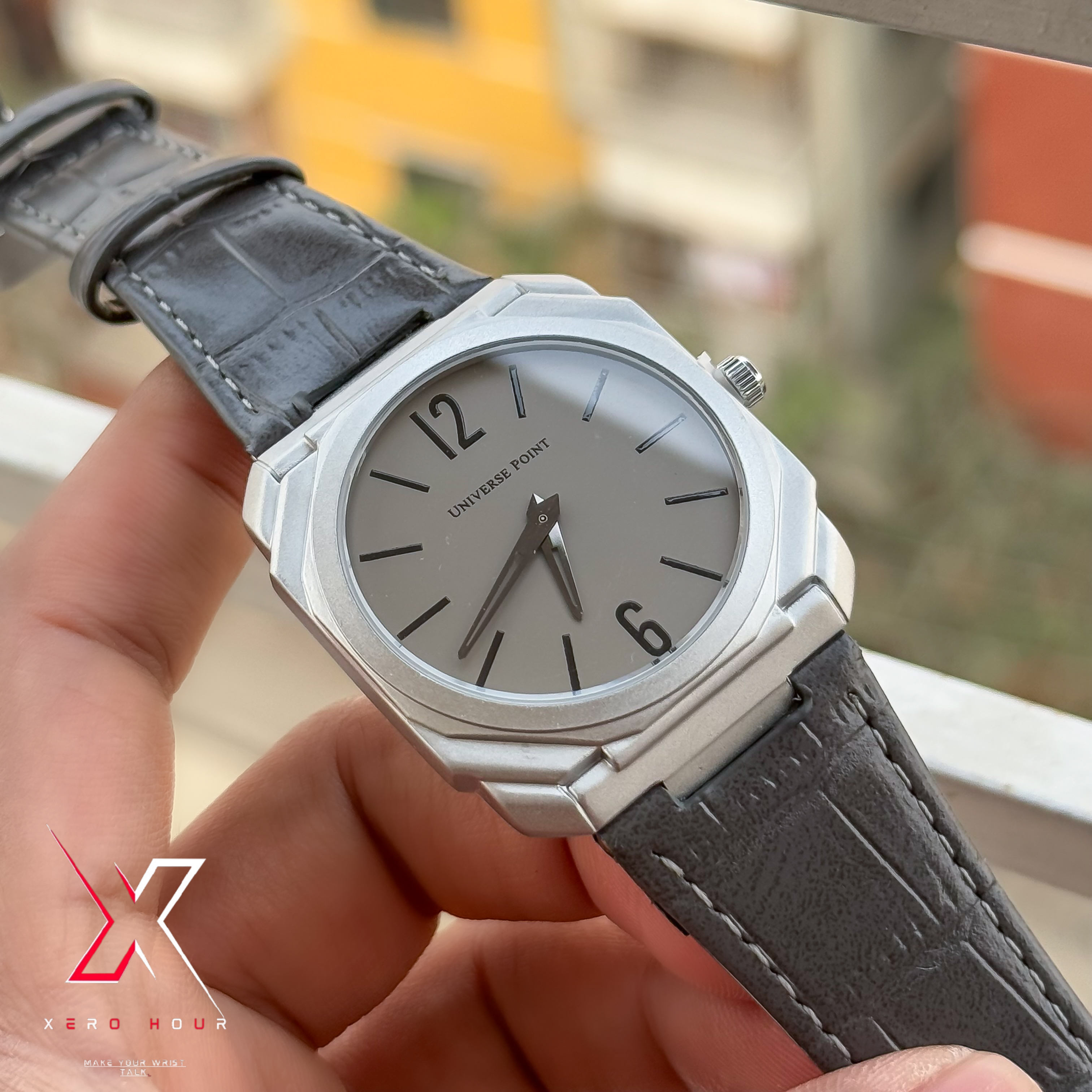 Universe Point | Blvgari style Leather belt | Super Slim | Dual Tone | Grey dial |Authentic_img_7