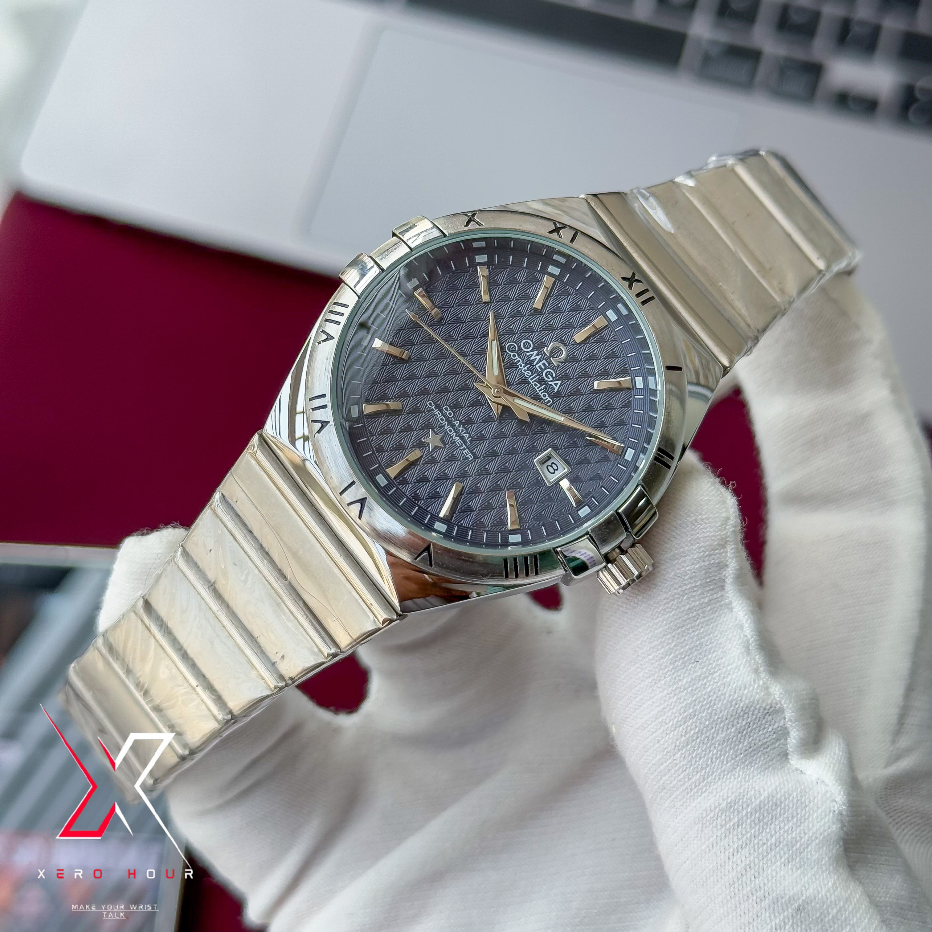 Omega Constellation Waffle Dial | Date just | Chain Version | Blue dial