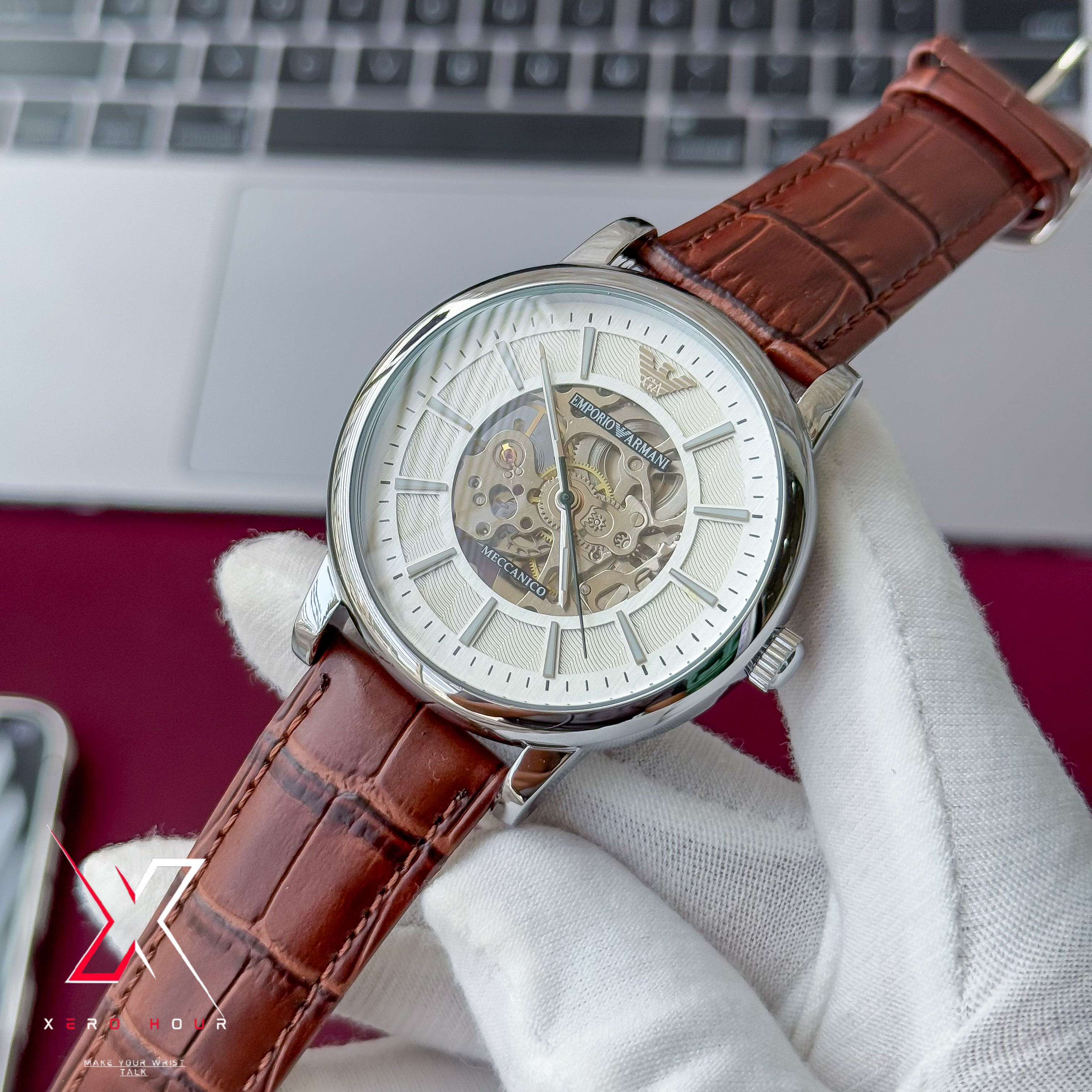 Emporio Armani | Half Skeleton Automatic | Leather Belt | White dial Brown Belt