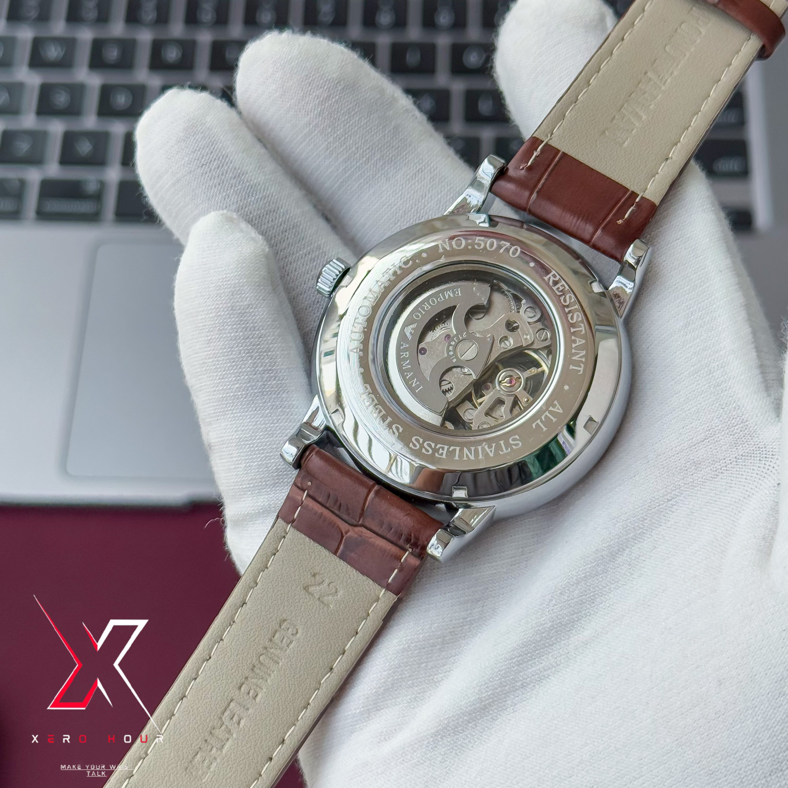 Emporio Armani | Half Skeleton Automatic | Leather Belt | White dial Brown Belt_img_1