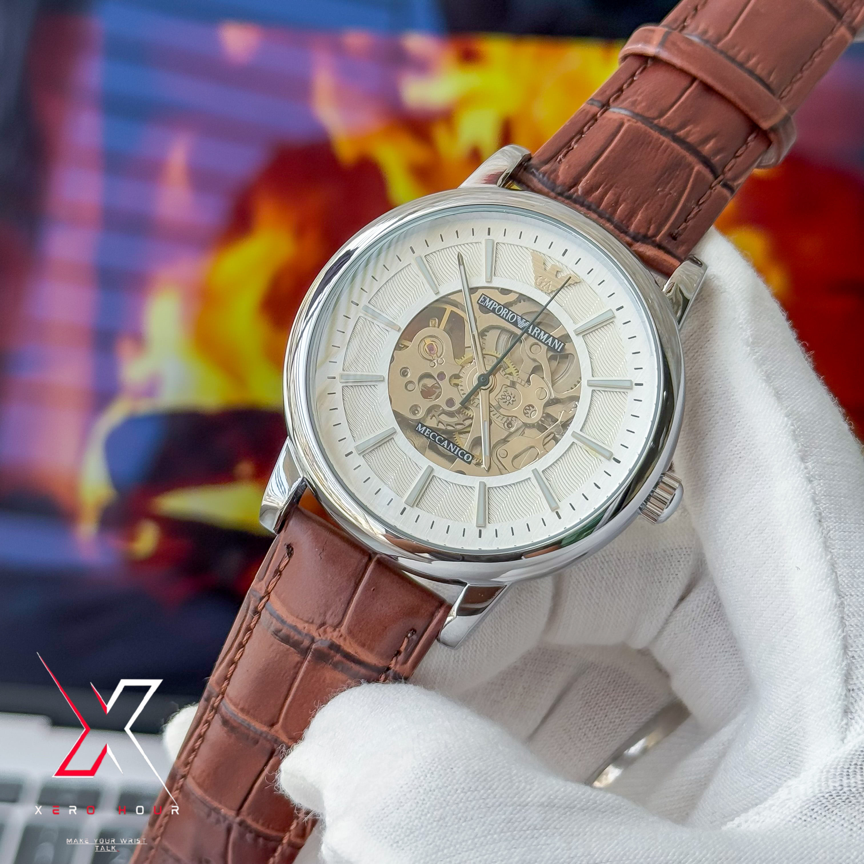 Emporio Armani | Half Skeleton Automatic | Leather Belt | White dial Brown Belt_img_2