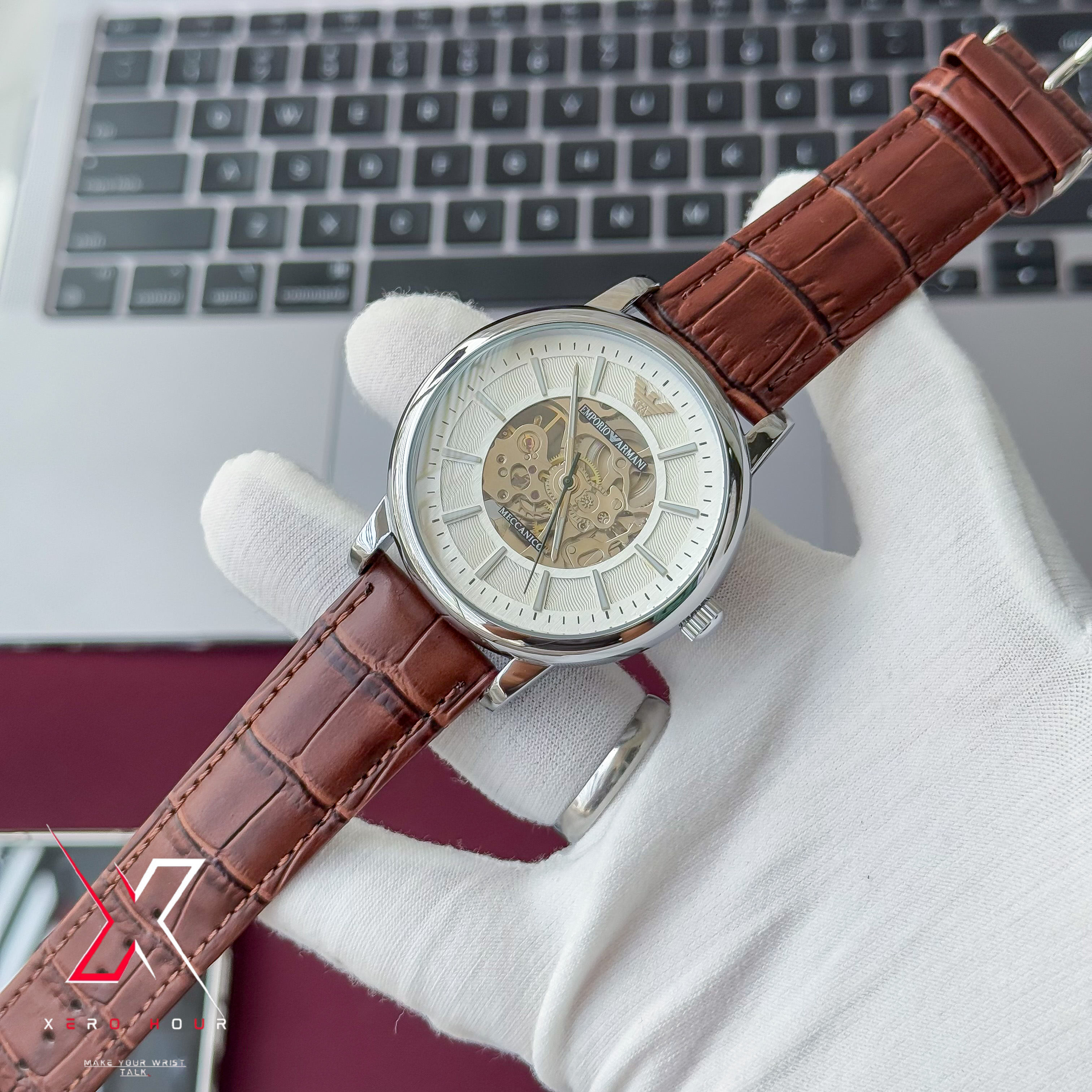 Emporio Armani | Half Skeleton Automatic | Leather Belt | White dial Brown Belt_img_3