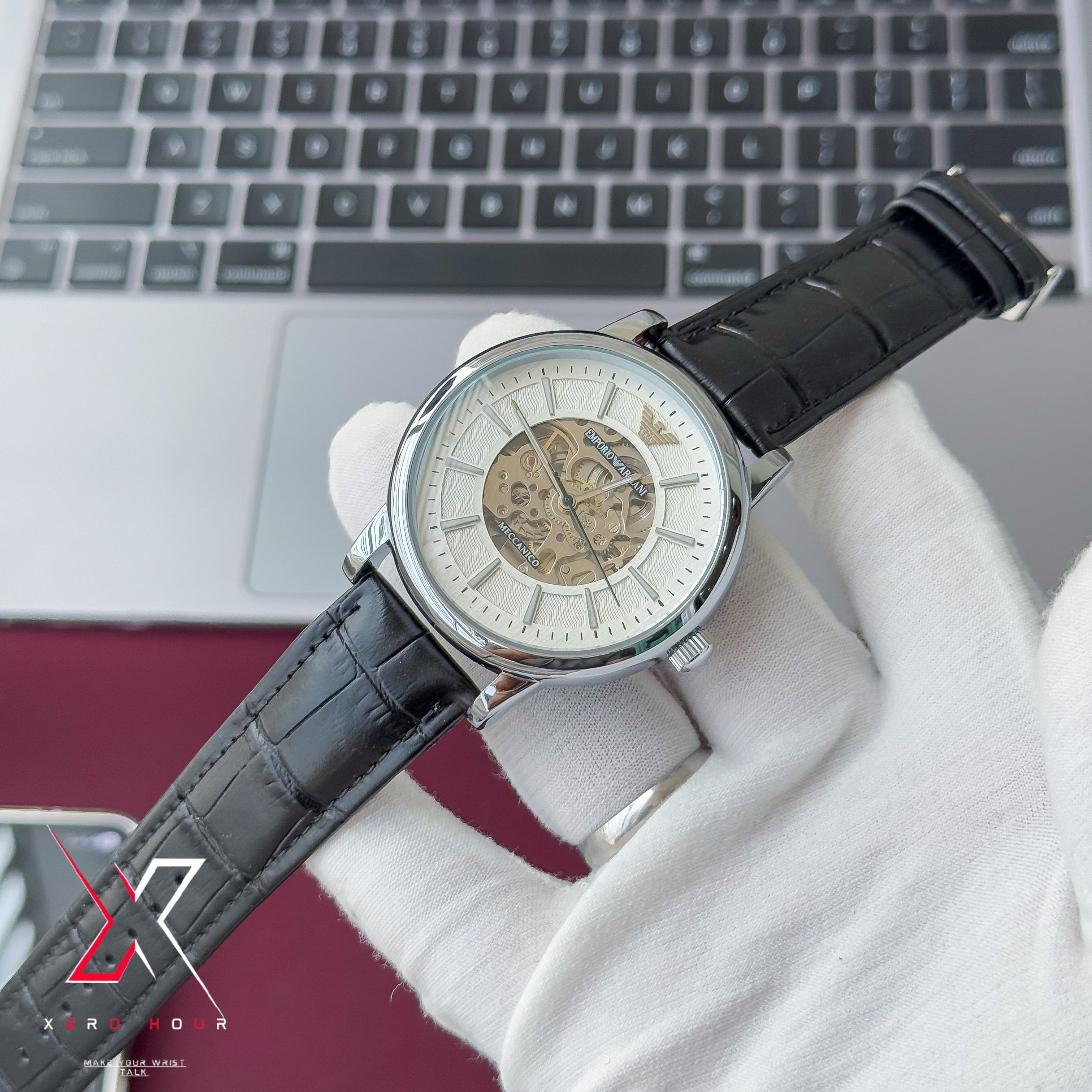 Emporio Armani | Half Skeleton Automatic | White Dial Black Leather Belt_img_4