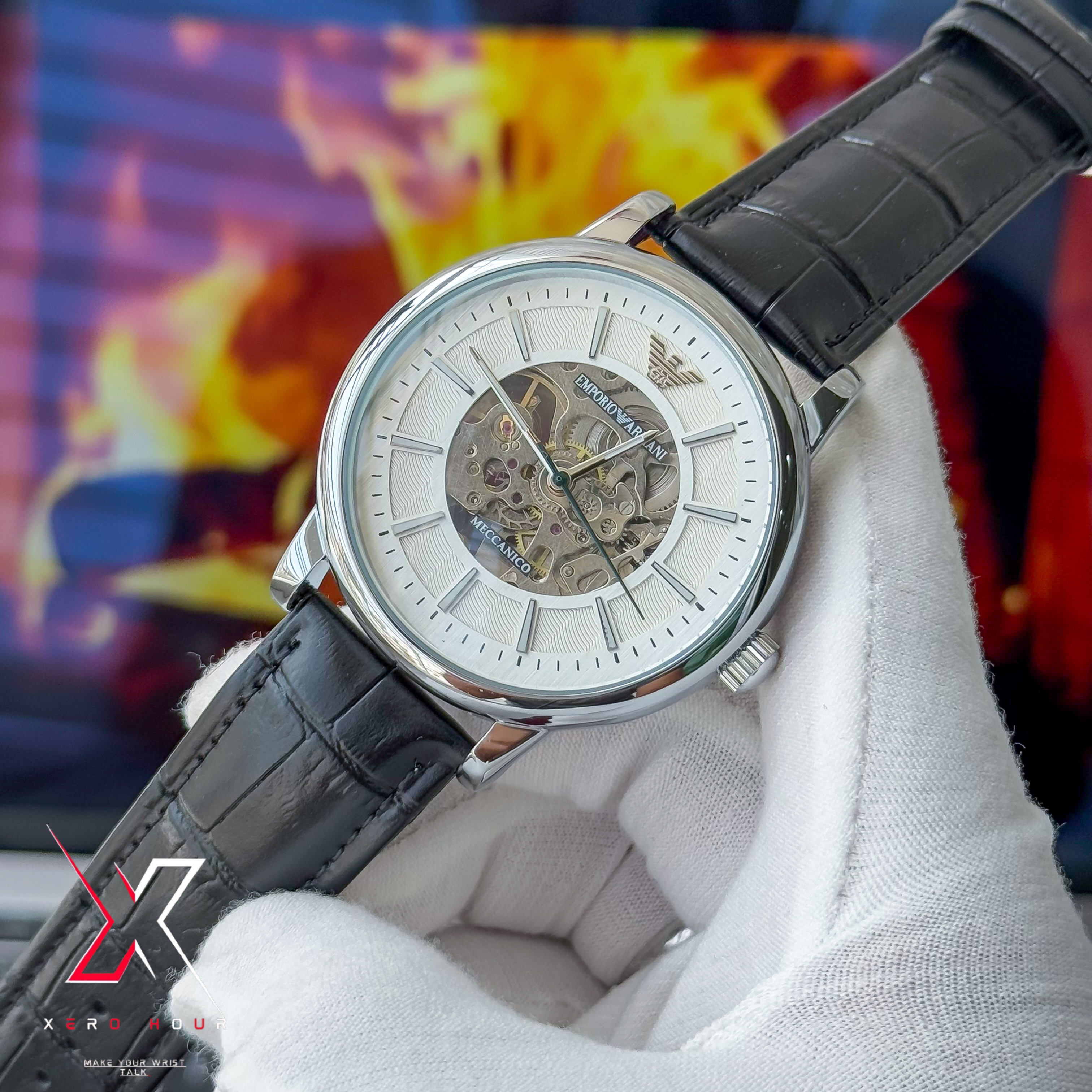 Emporio Armani | Half Skeleton Automatic | White Dial Black Leather Belt