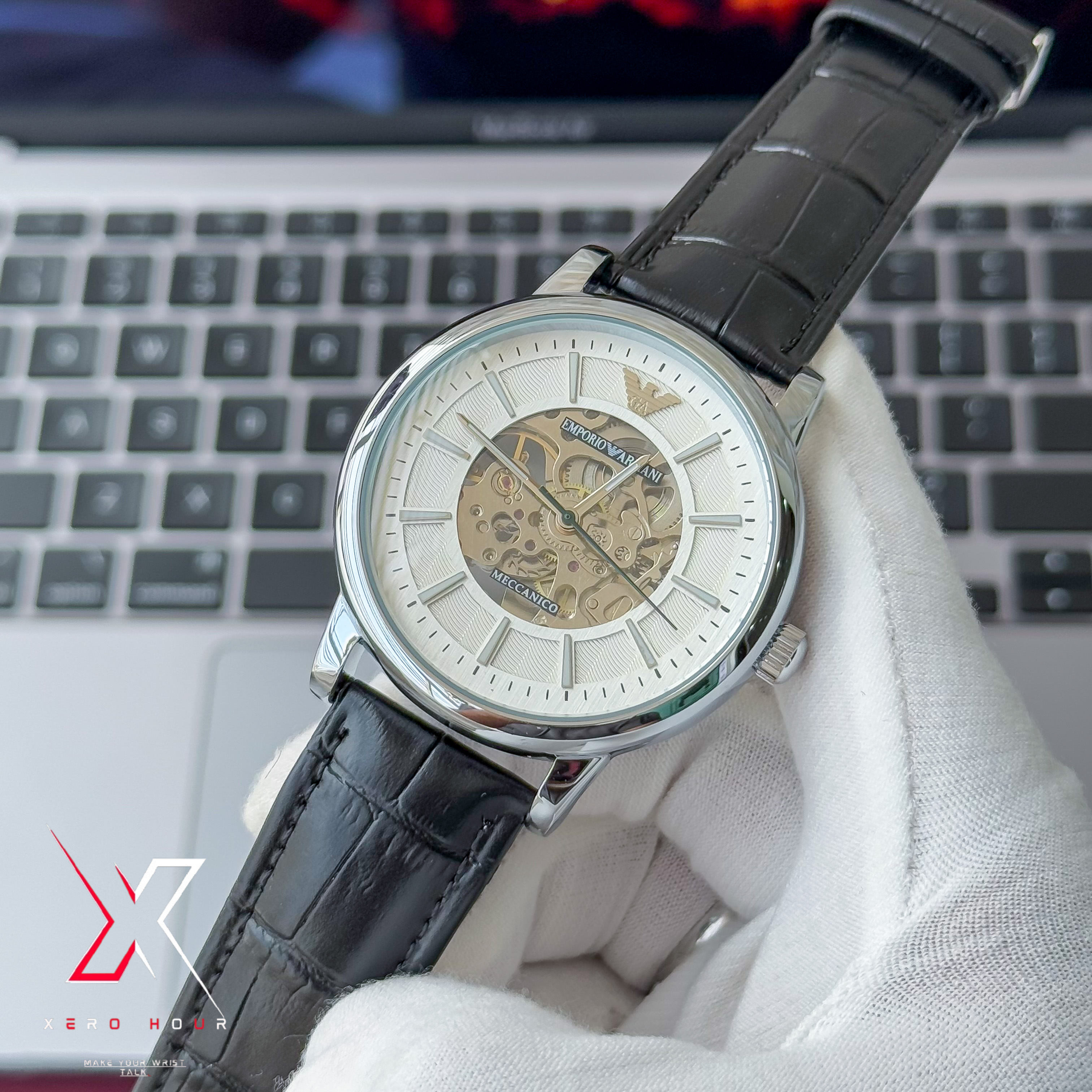 Emporio Armani | Half Skeleton Automatic | White Dial Black Leather Belt_img_5