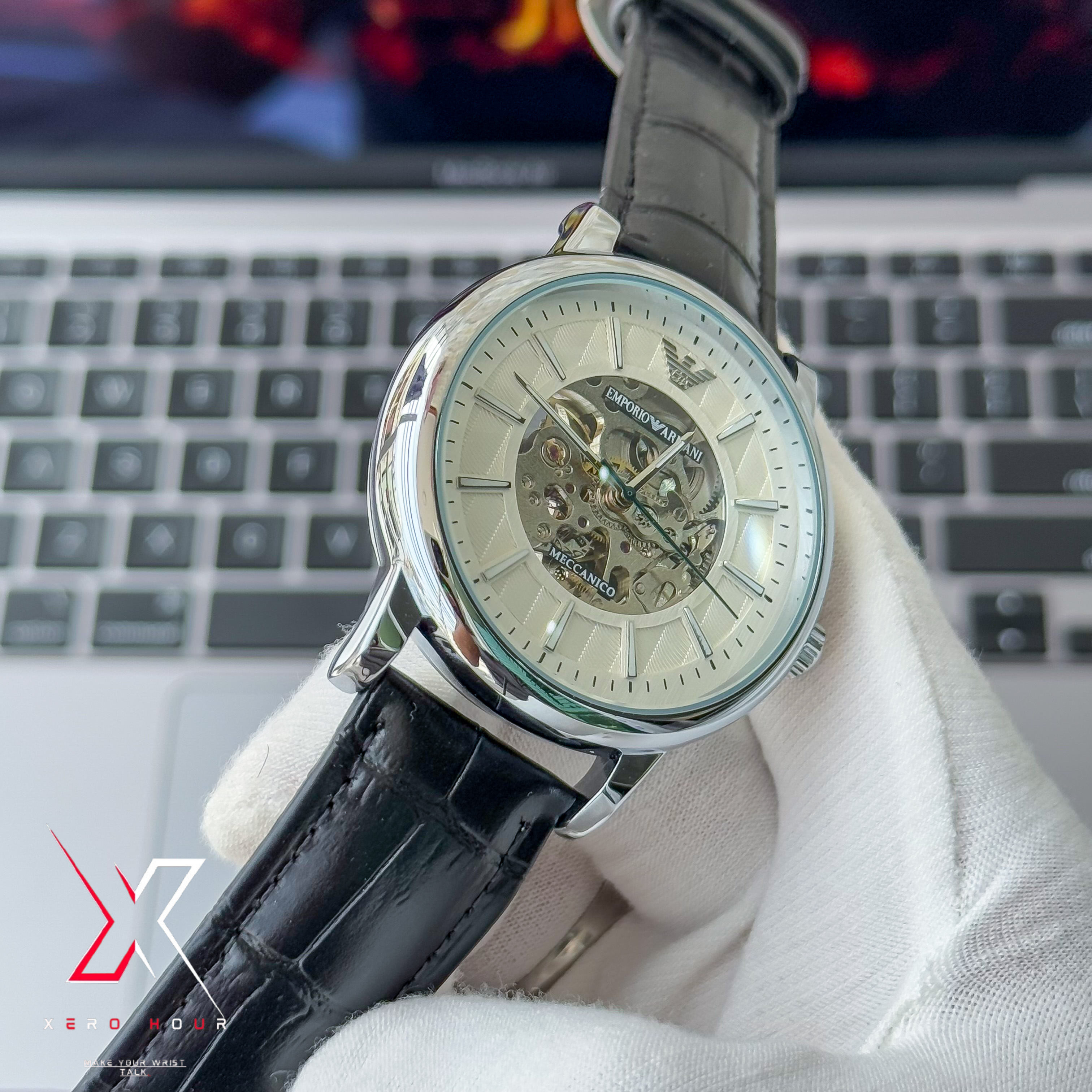 Emporio Armani | Half Skeleton Automatic | White Dial Black Leather Belt_img_6