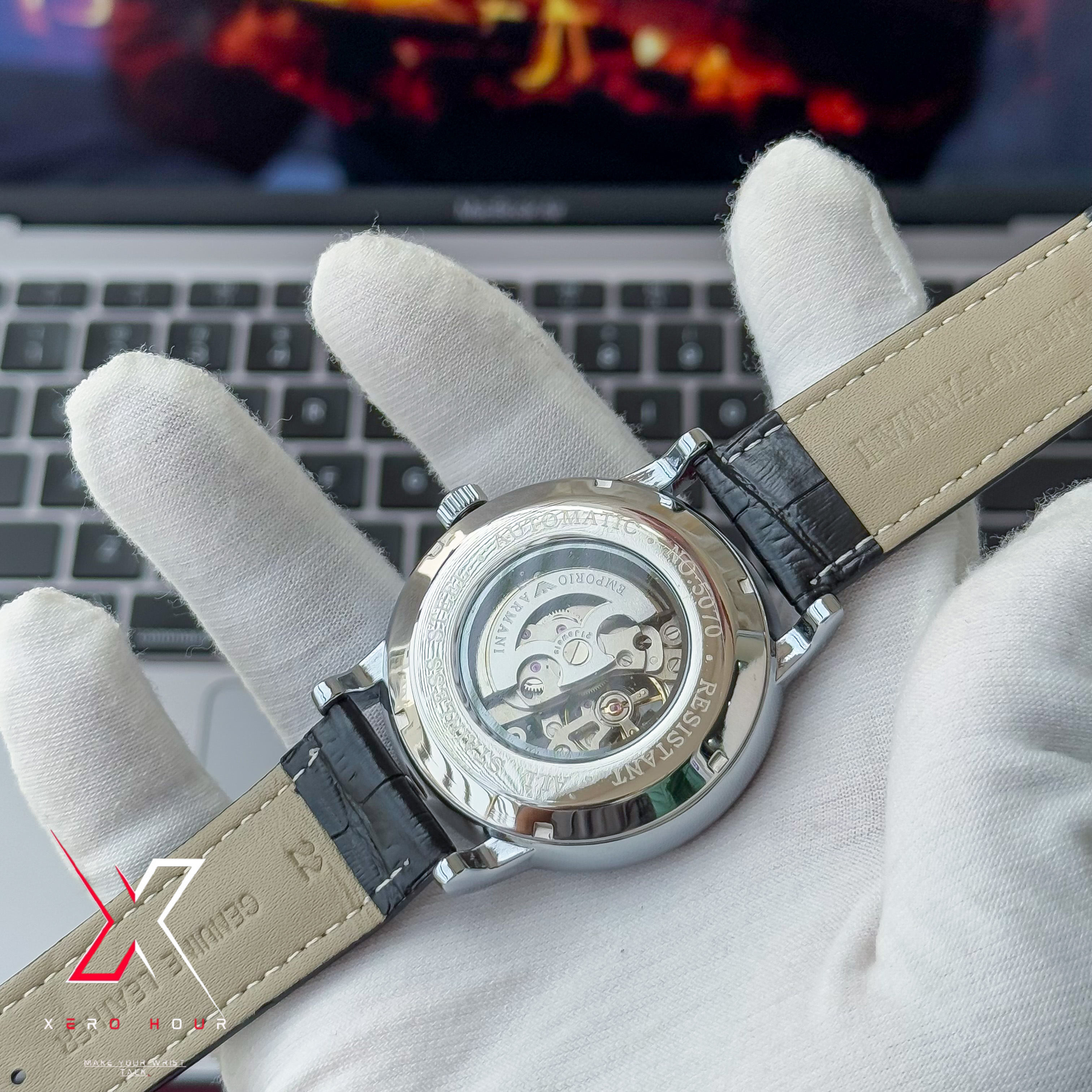 Emporio Armani | Half Skeleton Automatic | White Dial Black Leather Belt_img_1