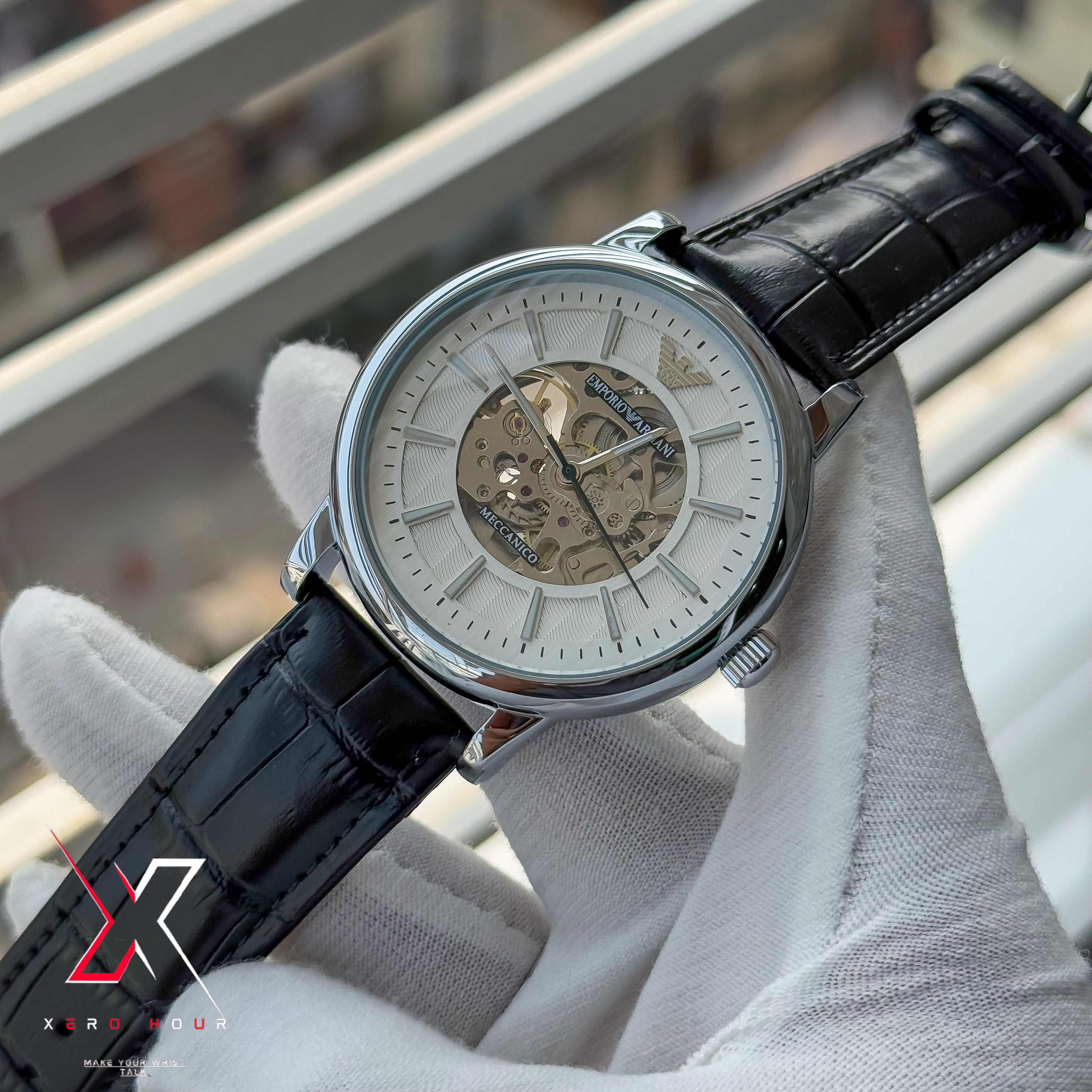 Emporio Armani | Half Skeleton Automatic | White Dial Black Leather Belt_img_7