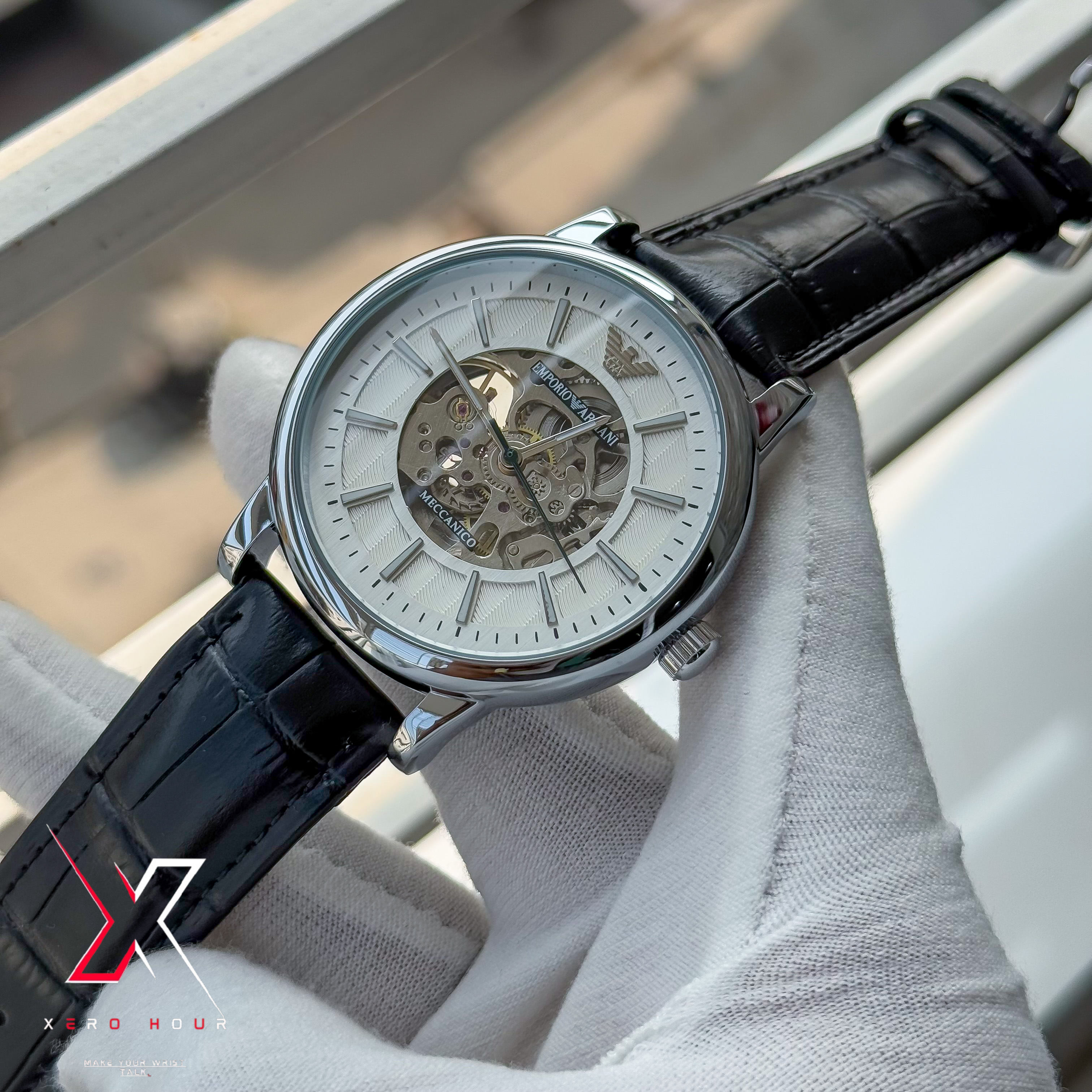 Emporio Armani | Half Skeleton Automatic | White Dial Black Leather Belt_img_3