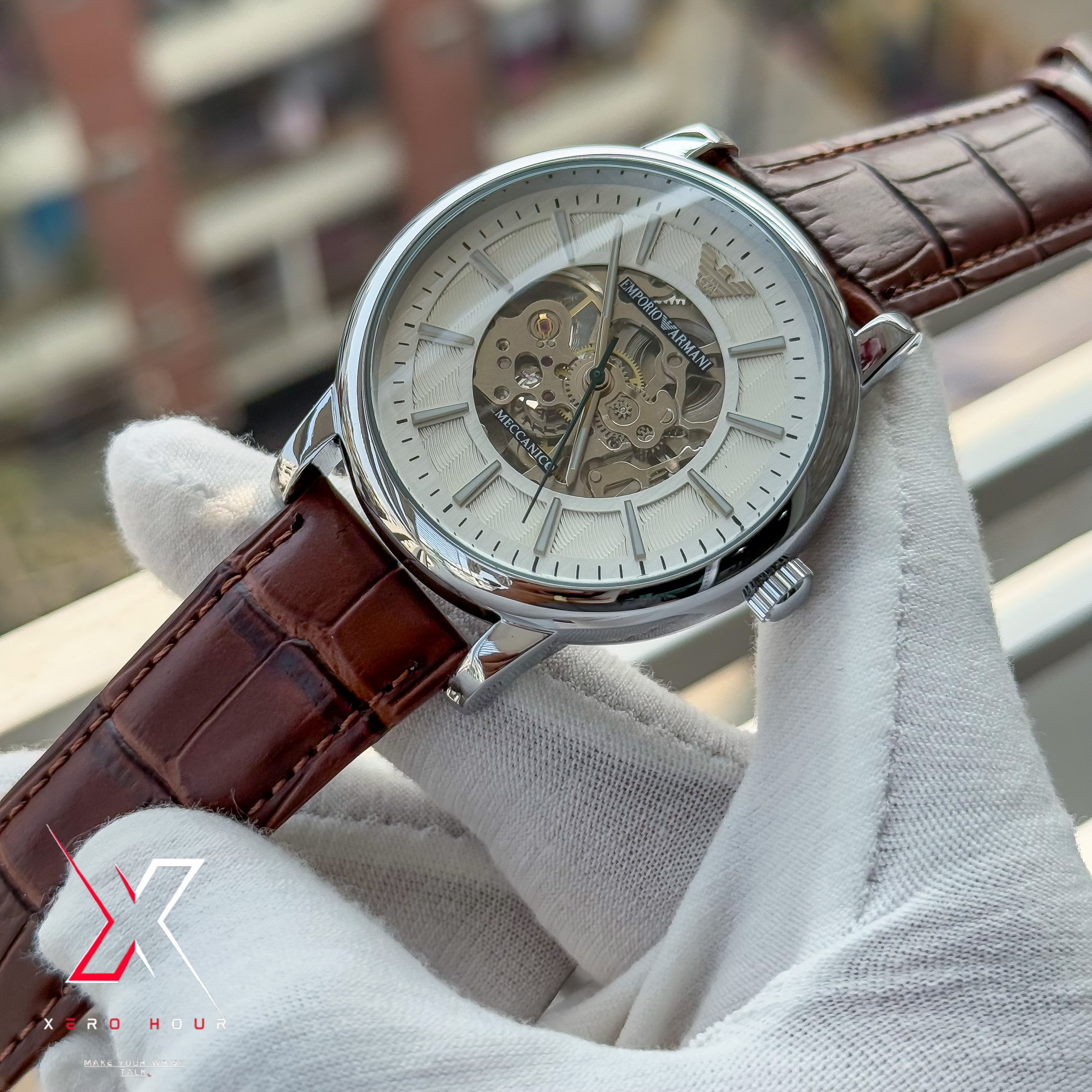 Emporio Armani | Half Skeleton Automatic | Leather Belt | White dial Brown Belt_img_4