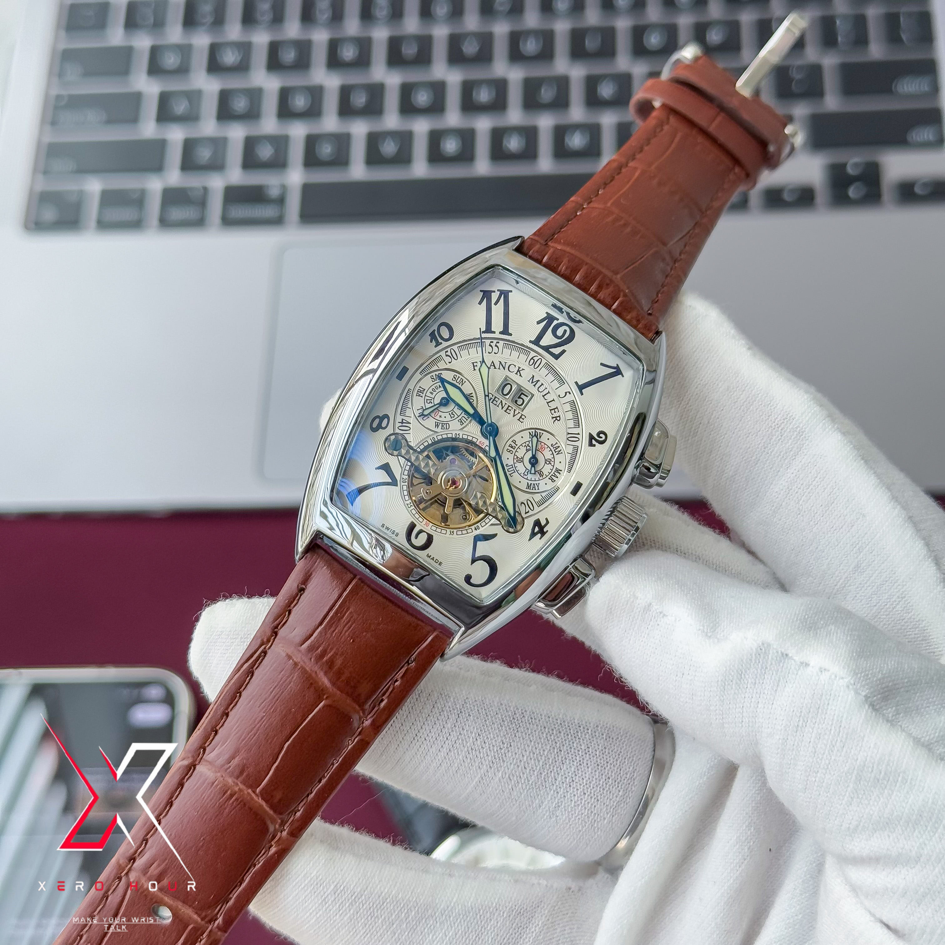 Franck Muller Curve Dial | Automatic Tourbillion | White Dial Brown Leather belt
