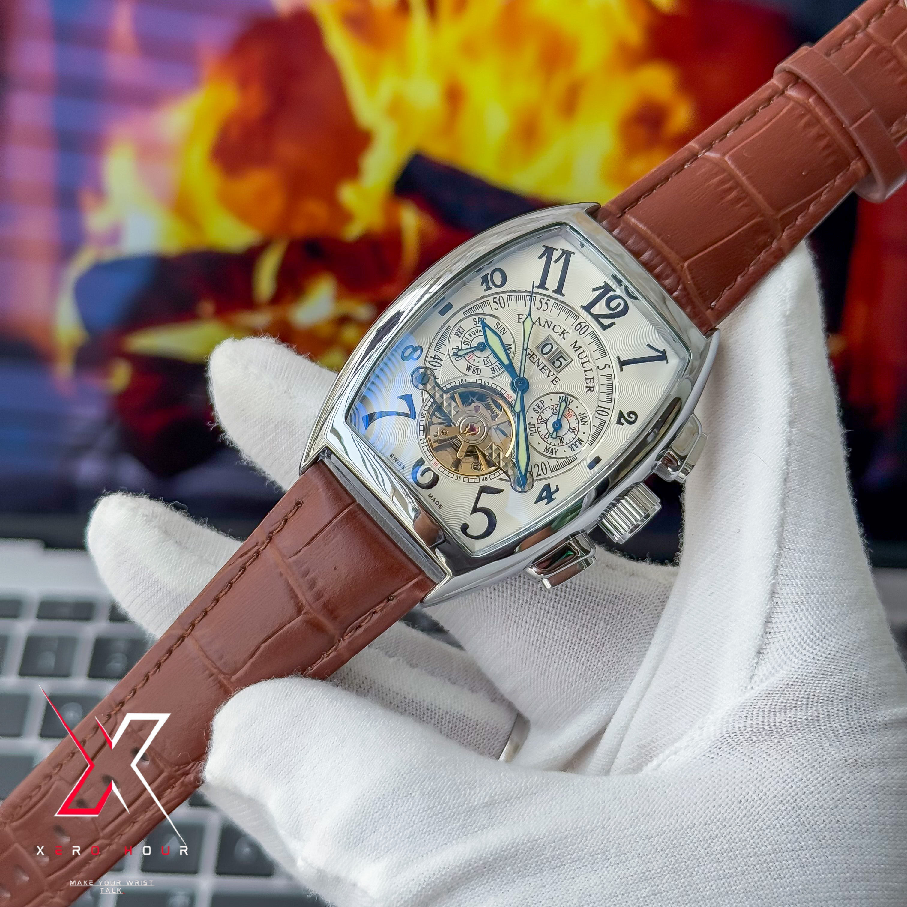 Franck Muller Curve Dial | Automatic Tourbillion | White Dial Brown Leather belt_img_4