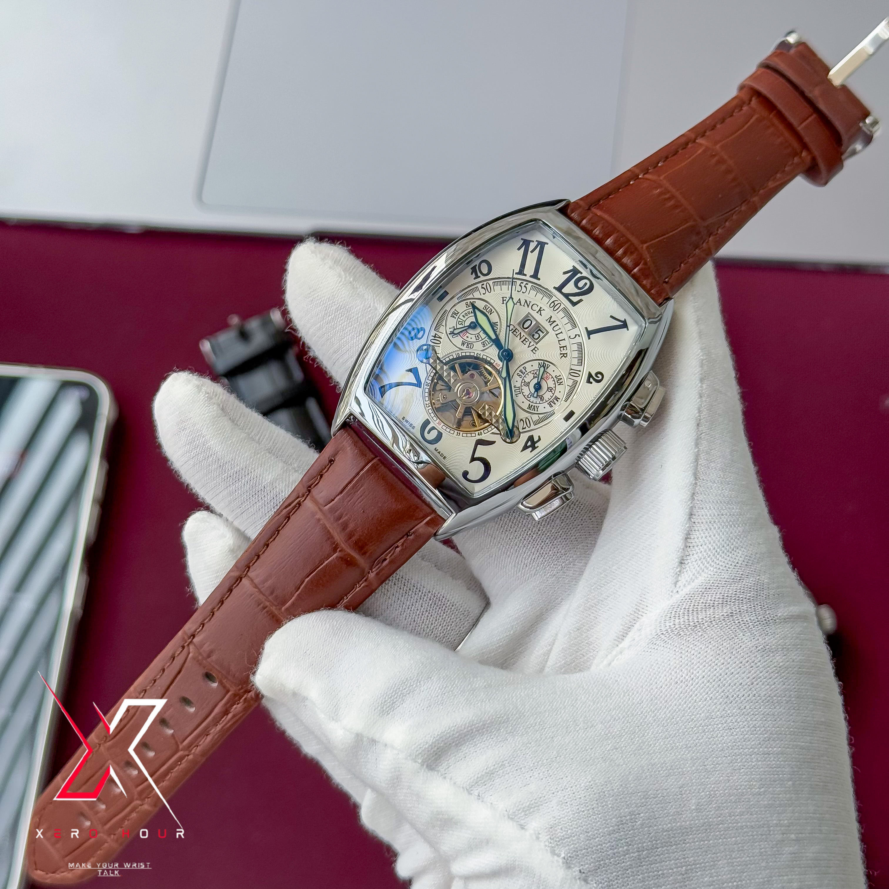Franck Muller Curve Dial | Automatic Tourbillion | White Dial Brown Leather belt_img_8