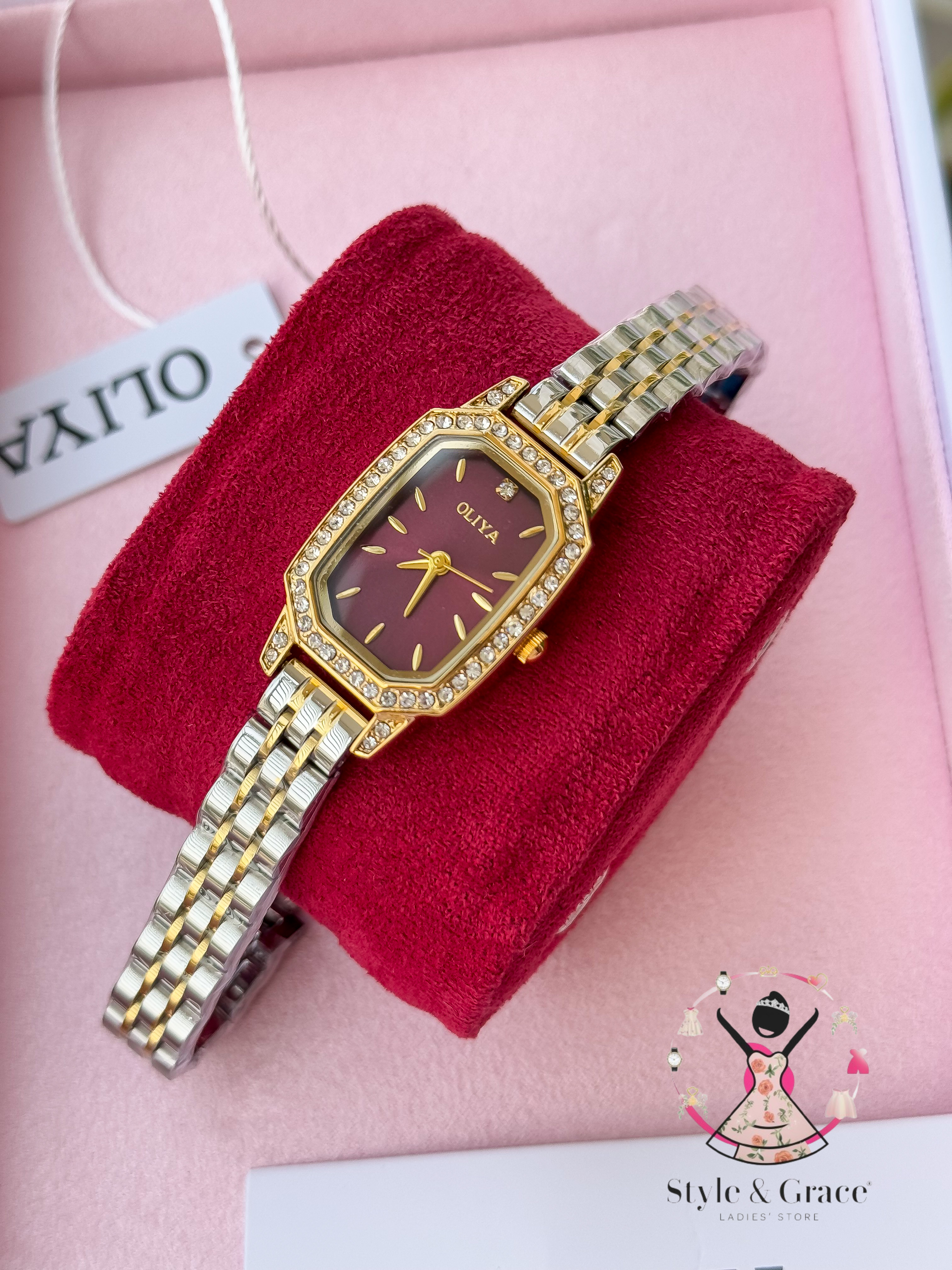 Oliya -L2002C| Stone Square -Burgundy Dial | Dual Tone | Authentic Brand