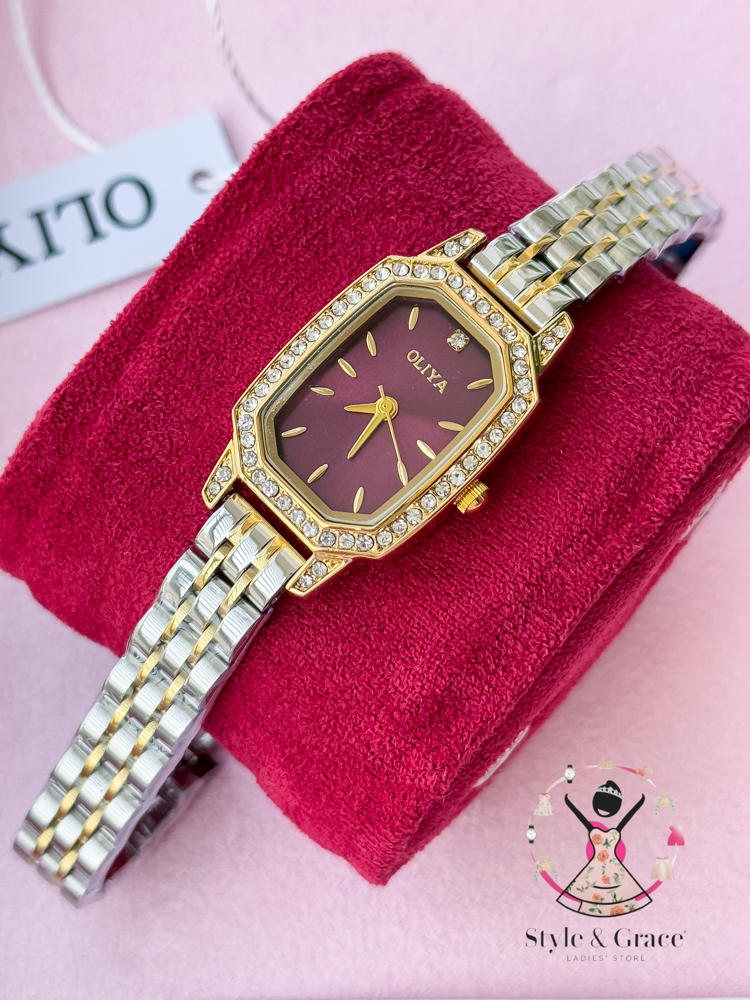 Oliya -L2002C| Stone Square -Burgundy Dial | Dual Tone | Authentic Brand_img_1
