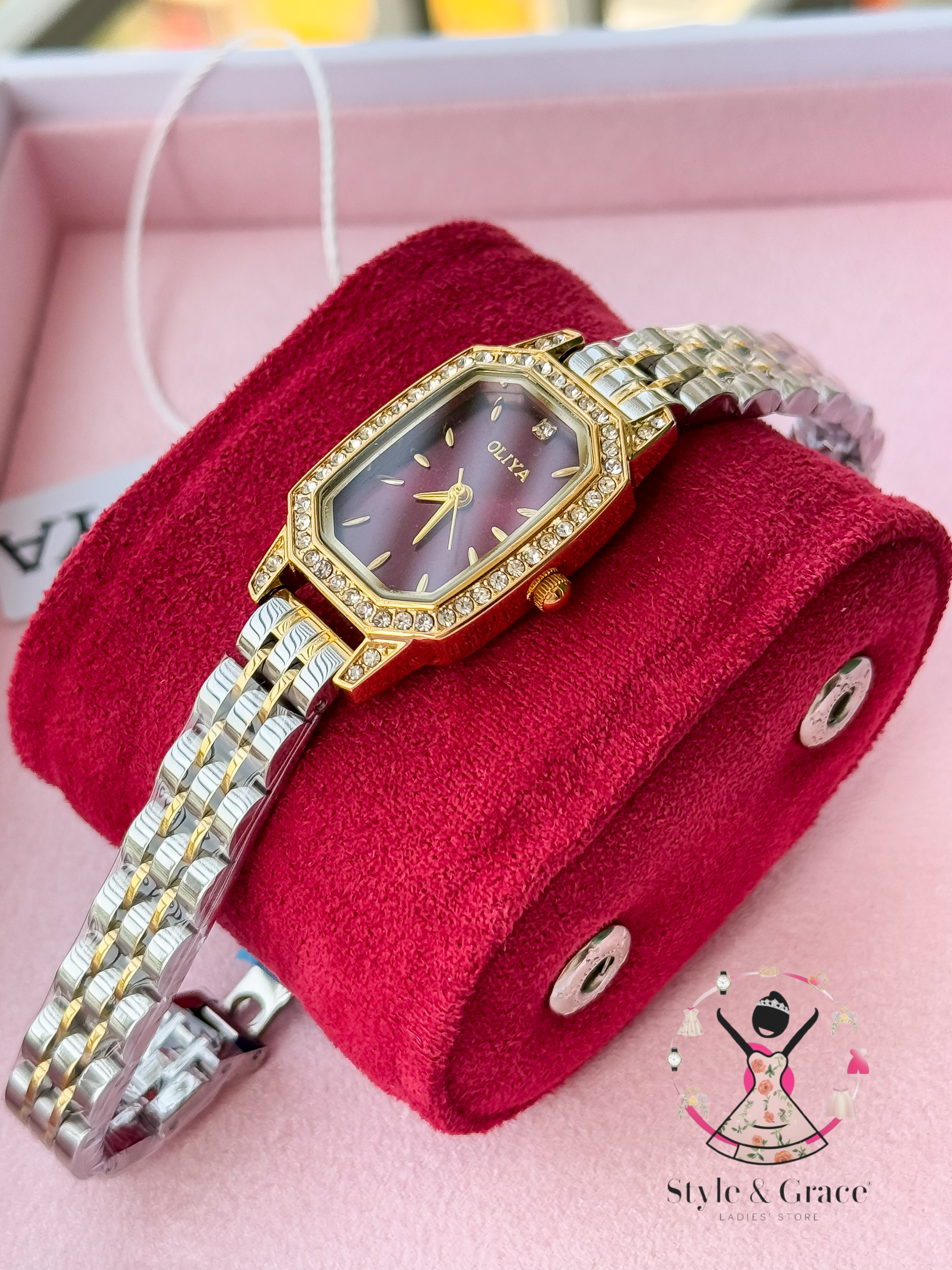 Oliya -L2002C| Stone Square -Burgundy Dial | Dual Tone | Authentic Brand_img_2