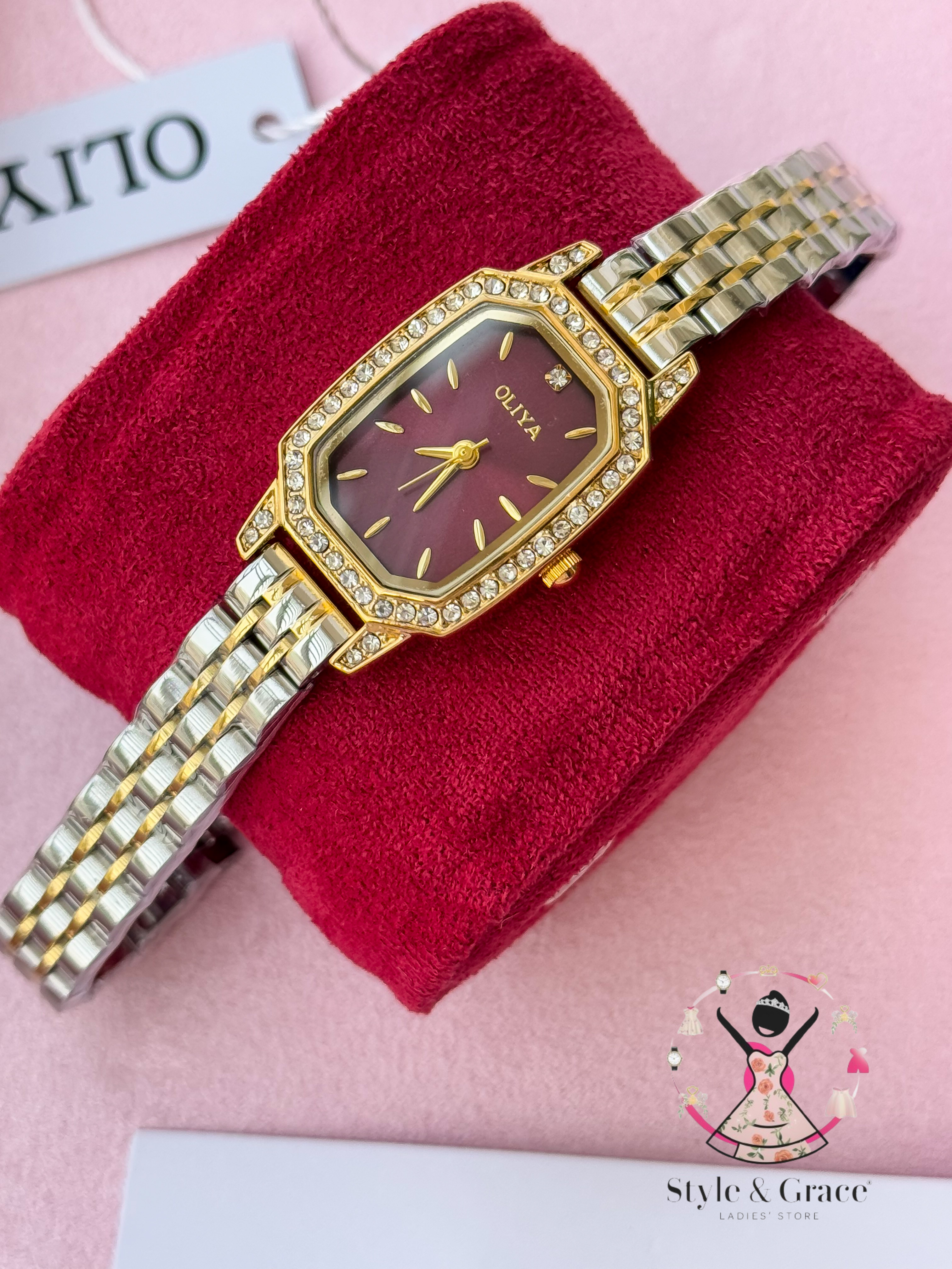 Oliya -L2002C| Stone Square -Burgundy Dial | Dual Tone | Authentic Brand_img_3
