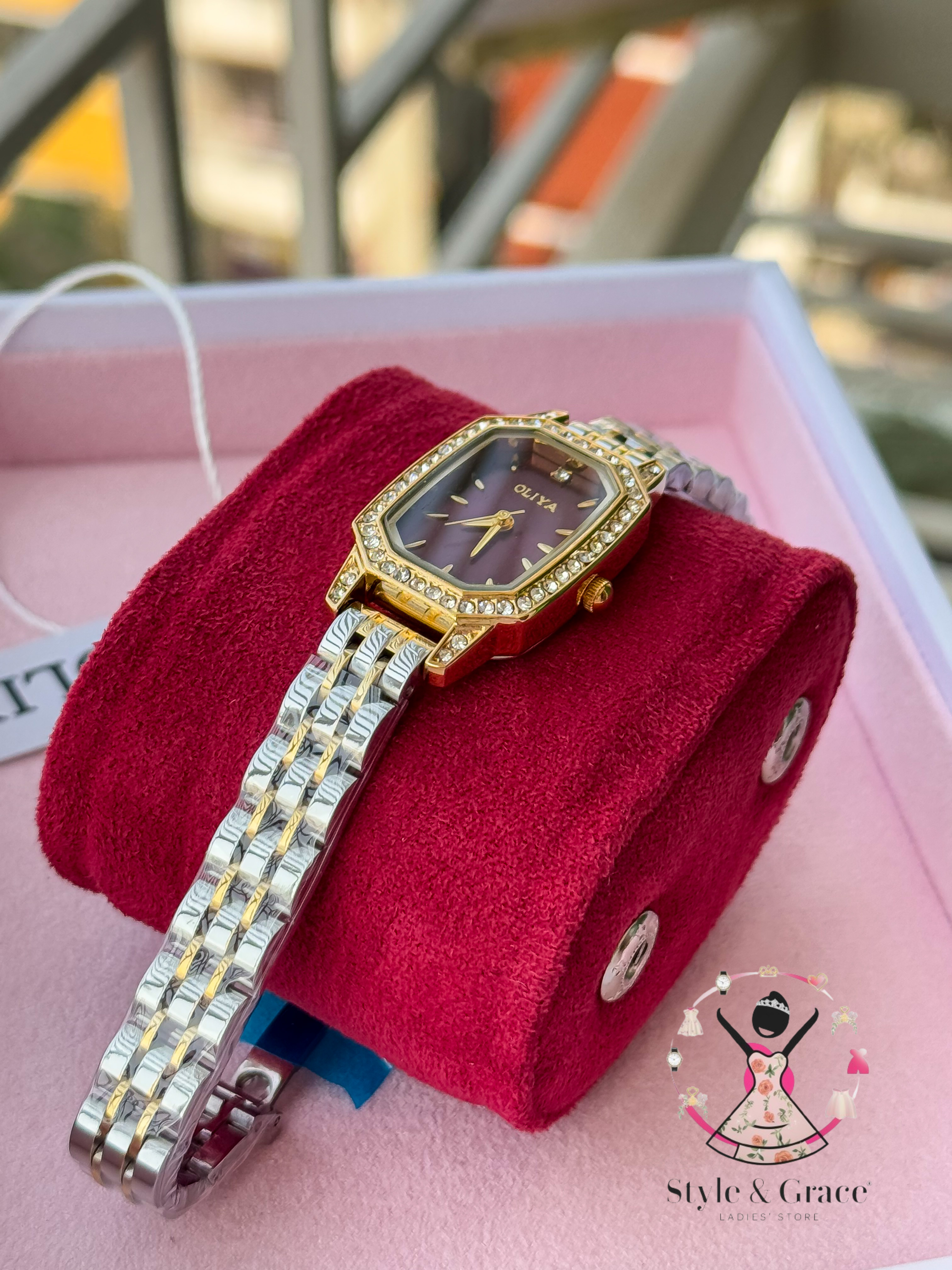 Oliya -L2002C| Stone Square -Burgundy Dial | Dual Tone | Authentic Brand_img_4