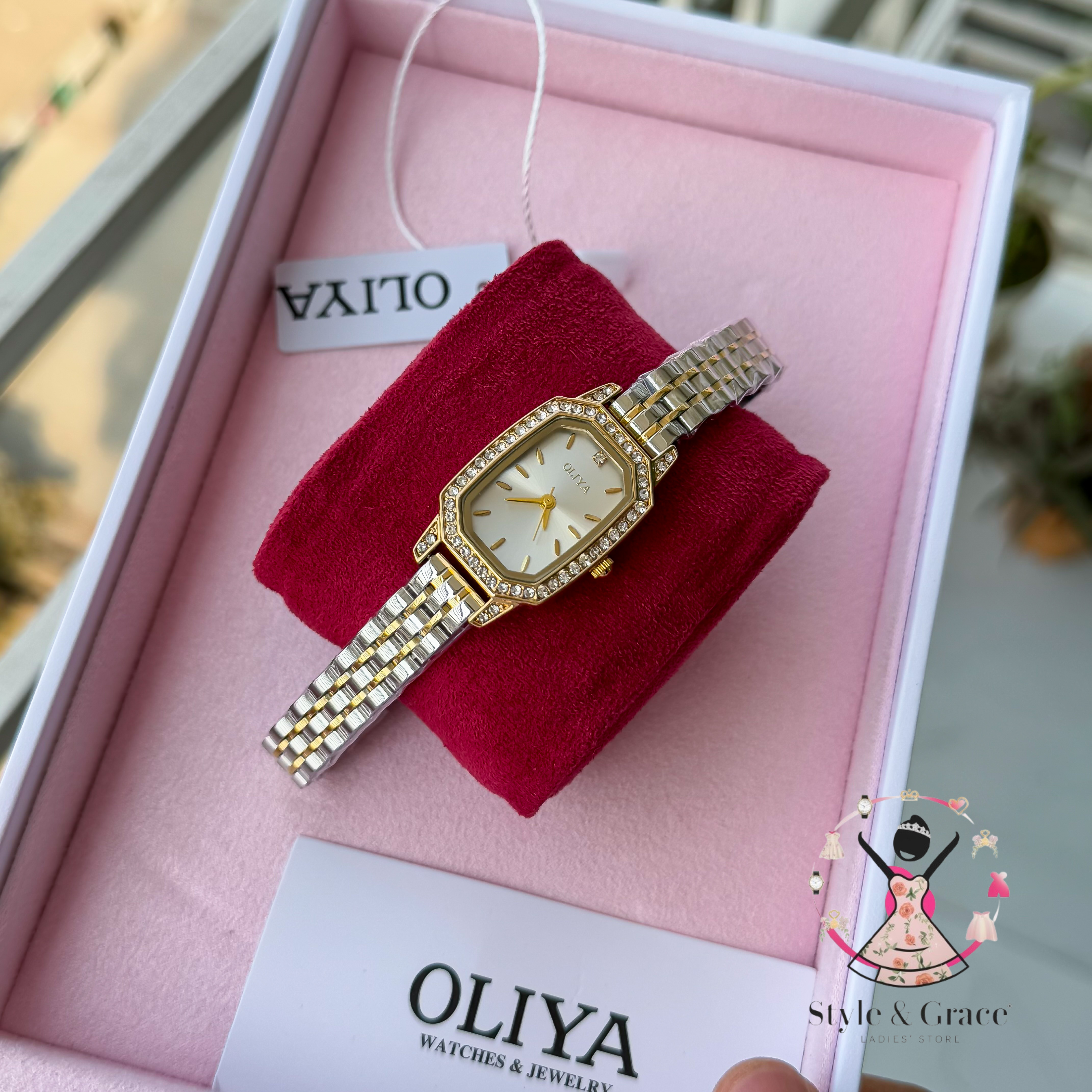 Oliya -L2002C| Stone Square -Pearl White Dial | Dual Tone | Authentic Brand