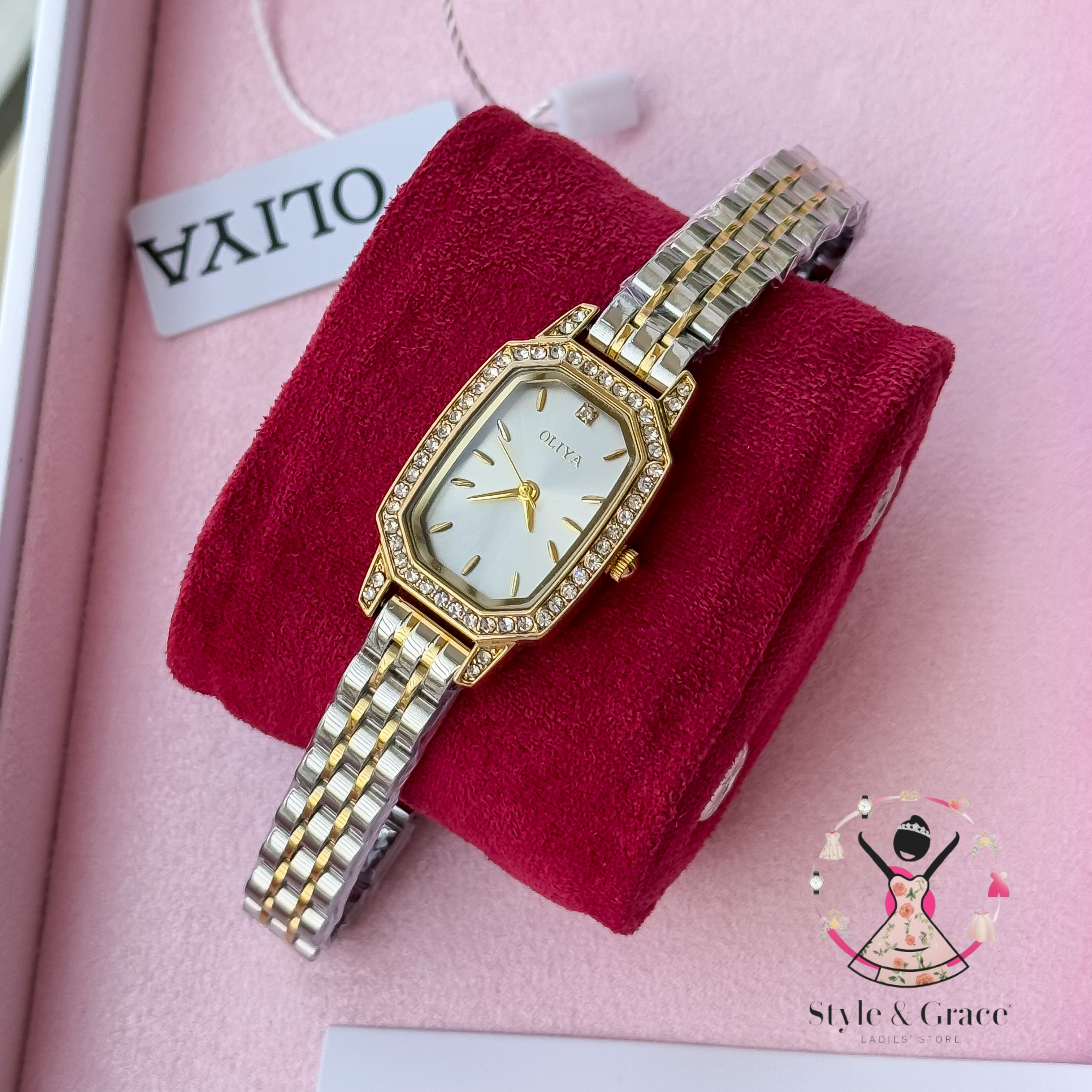 Oliya -L2002C| Stone Square -Pearl White Dial | Dual Tone | Authentic Brand_img_3