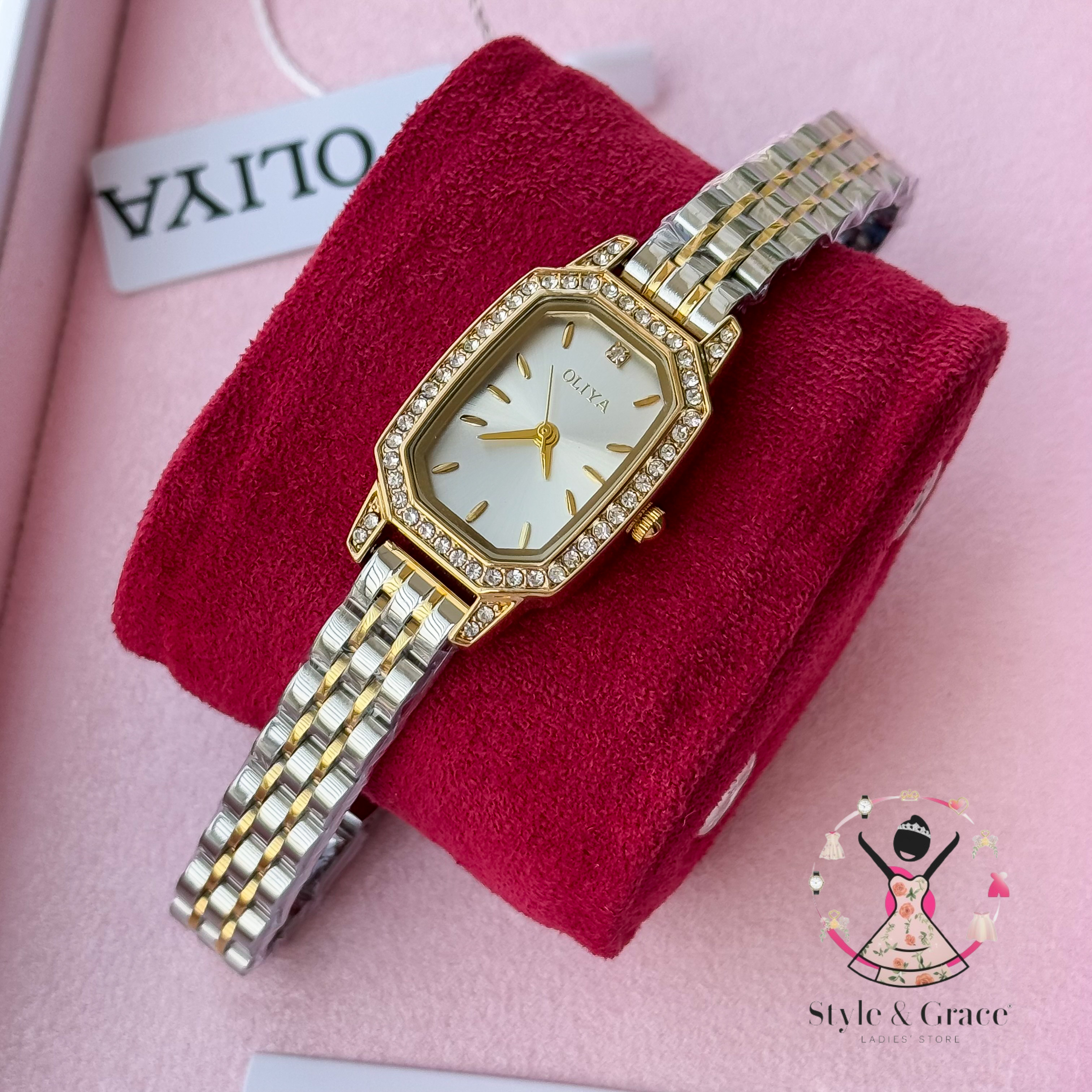 Oliya -L2002C| Stone Square -Pearl White Dial | Dual Tone | Authentic Brand_img_4