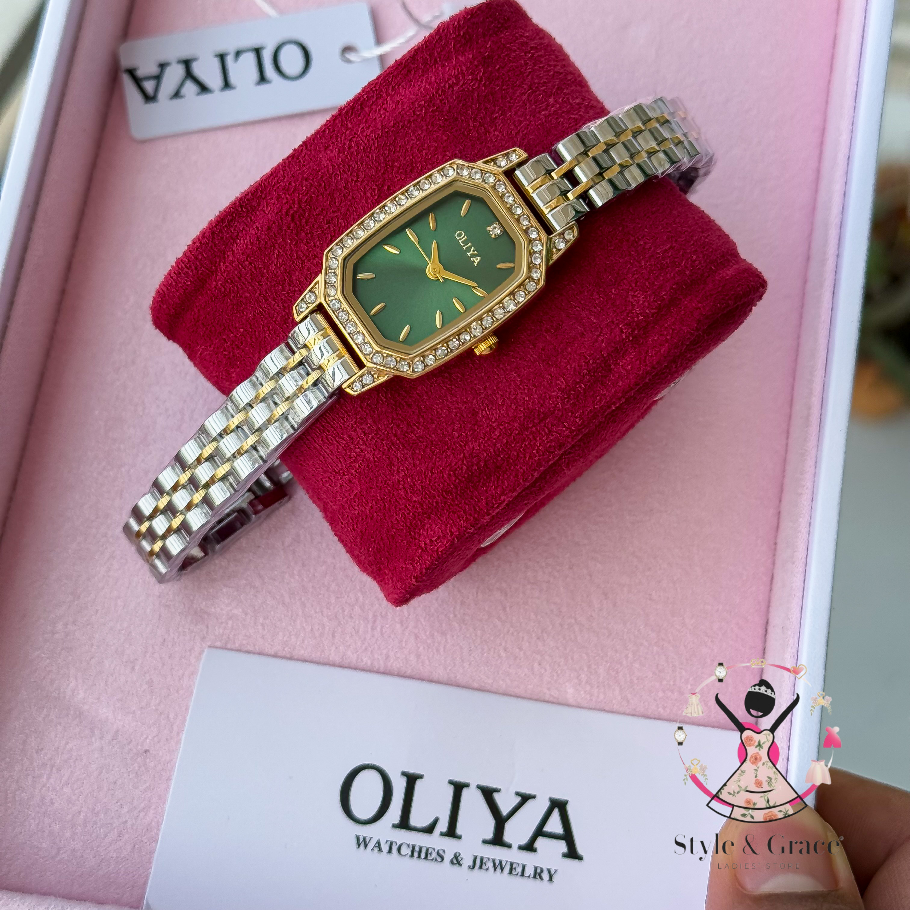 Oliya -L2002C| Stone Square -Green Dial | Dual Tone | Authentic Brand