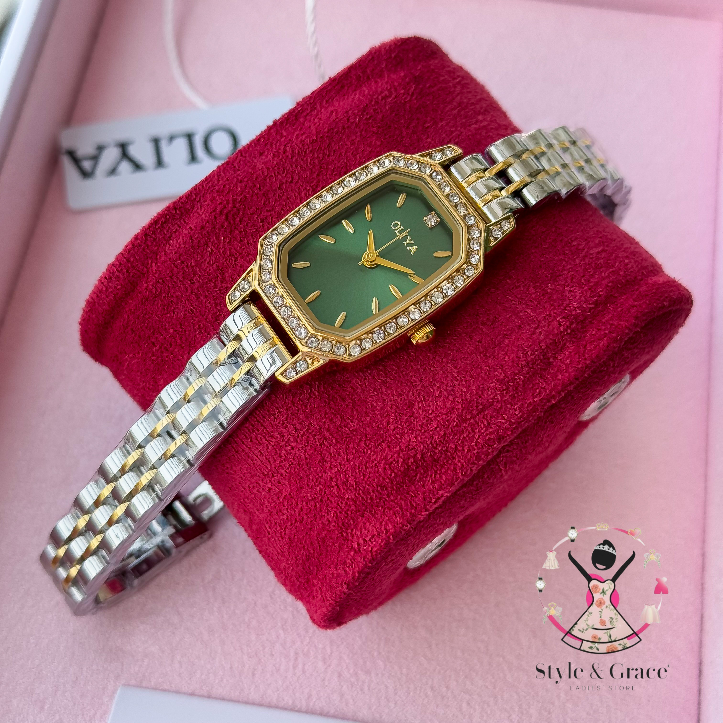 Oliya -L2002C| Stone Square -Green Dial | Dual Tone | Authentic Brand_img_1