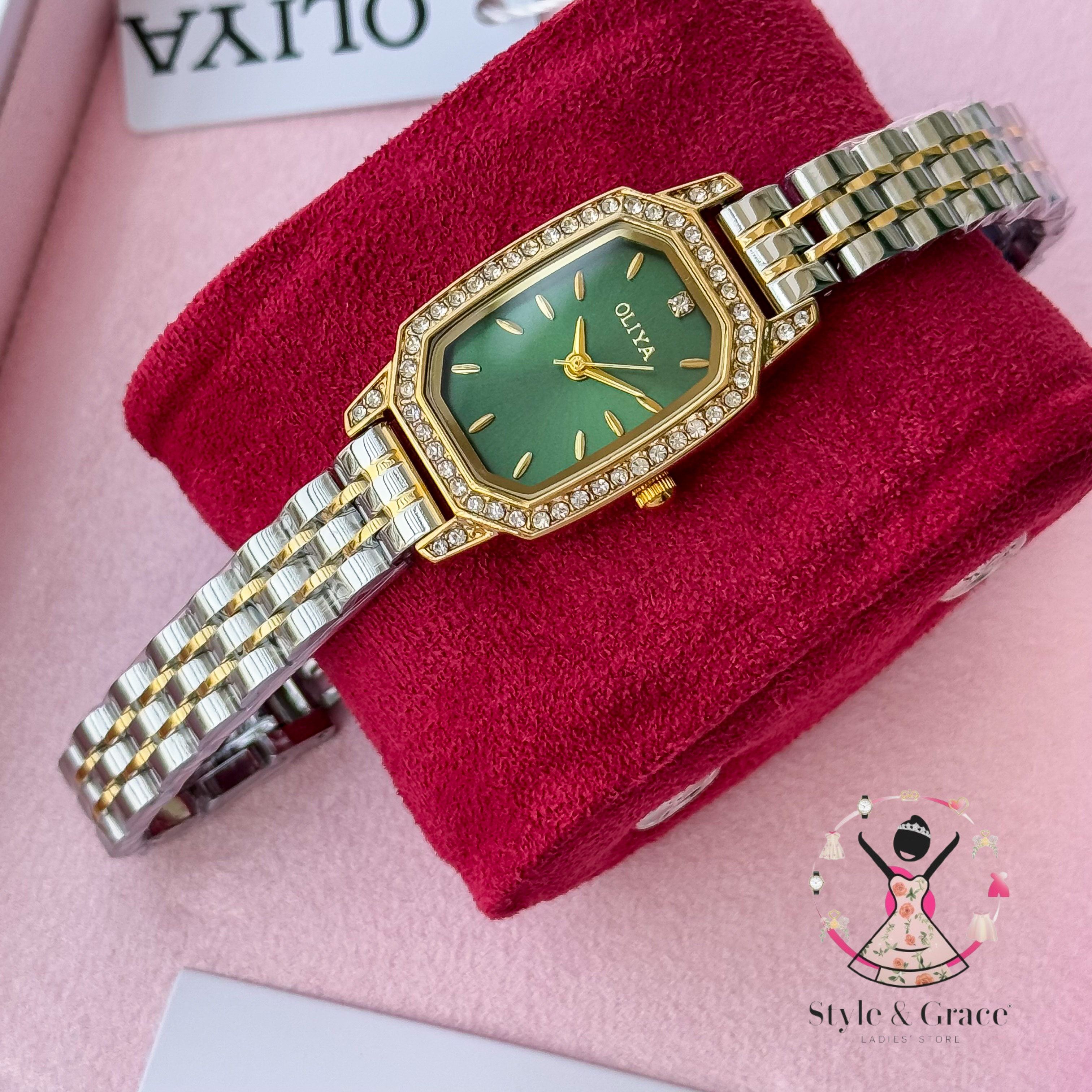Oliya -L2002C| Stone Square -Green Dial | Dual Tone | Authentic Brand_img_2