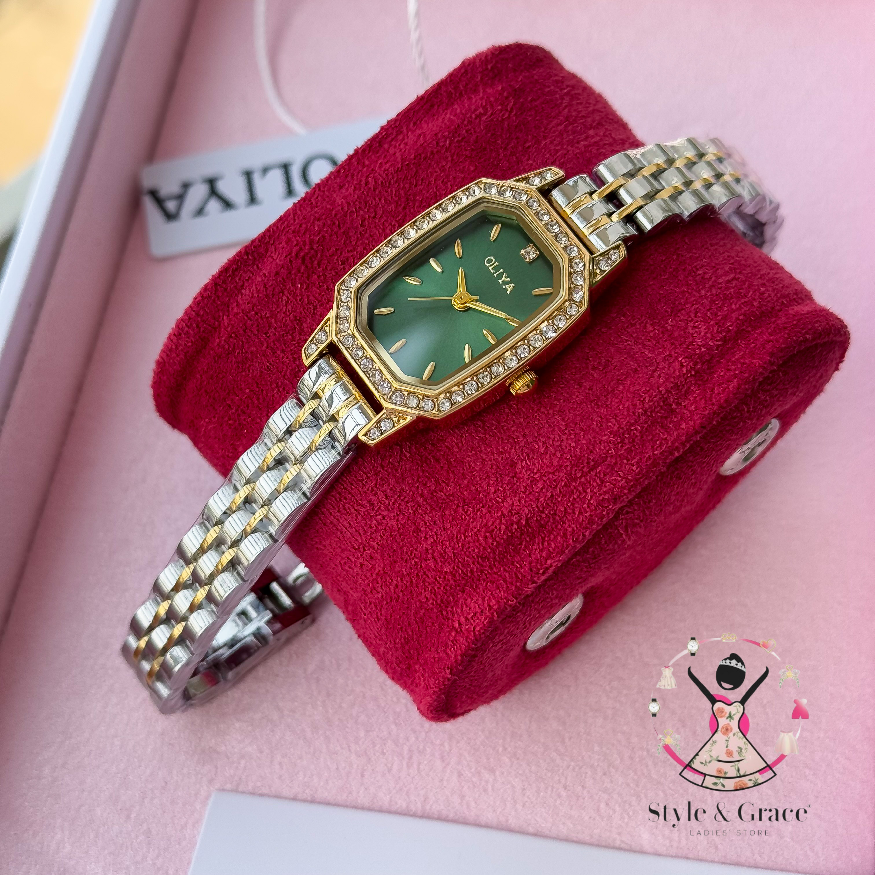 Oliya -L2002C| Stone Square -Green Dial | Dual Tone | Authentic Brand_img_3