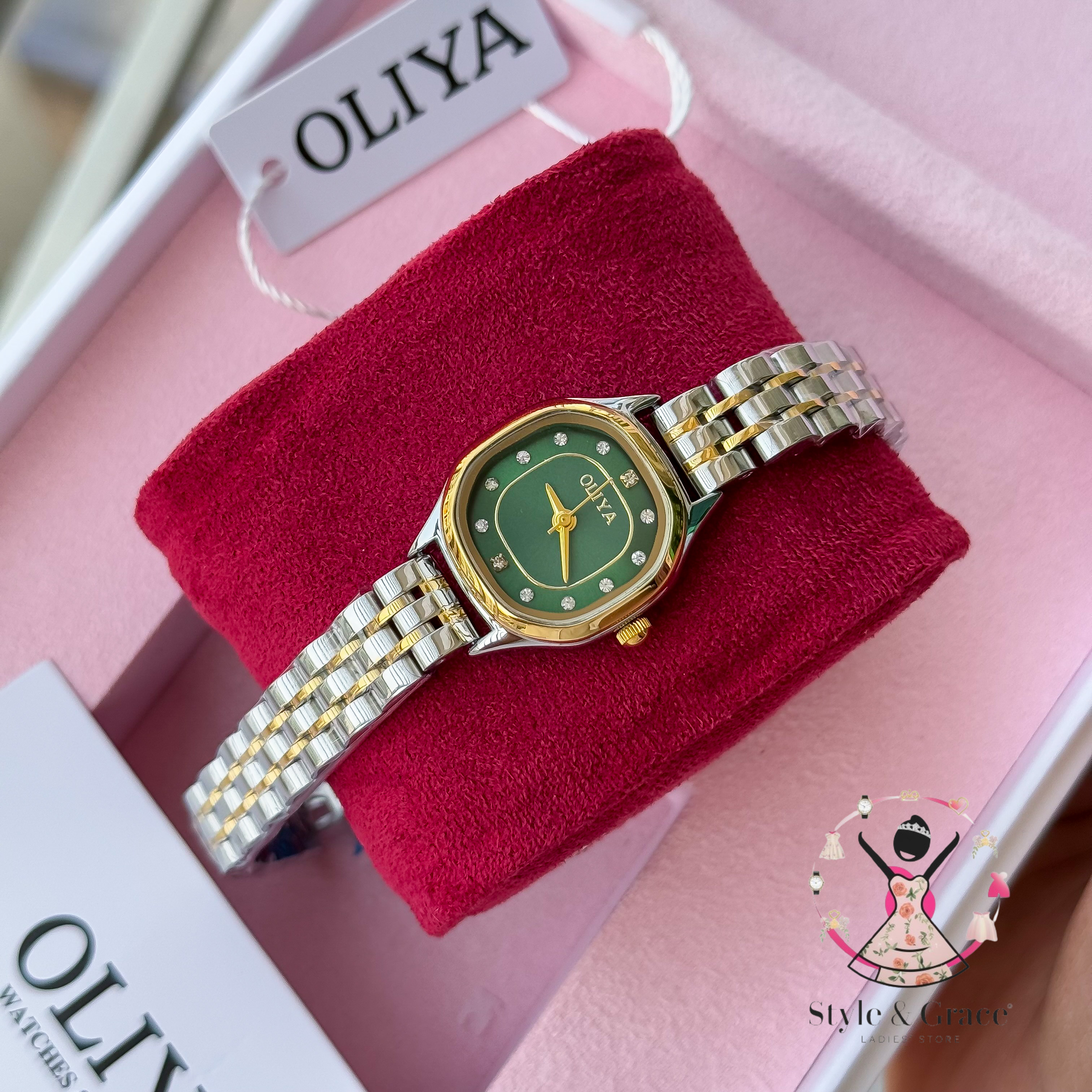 Oliya -6821| Small Round -Green Dial | Dual Tone | Authentic Brand