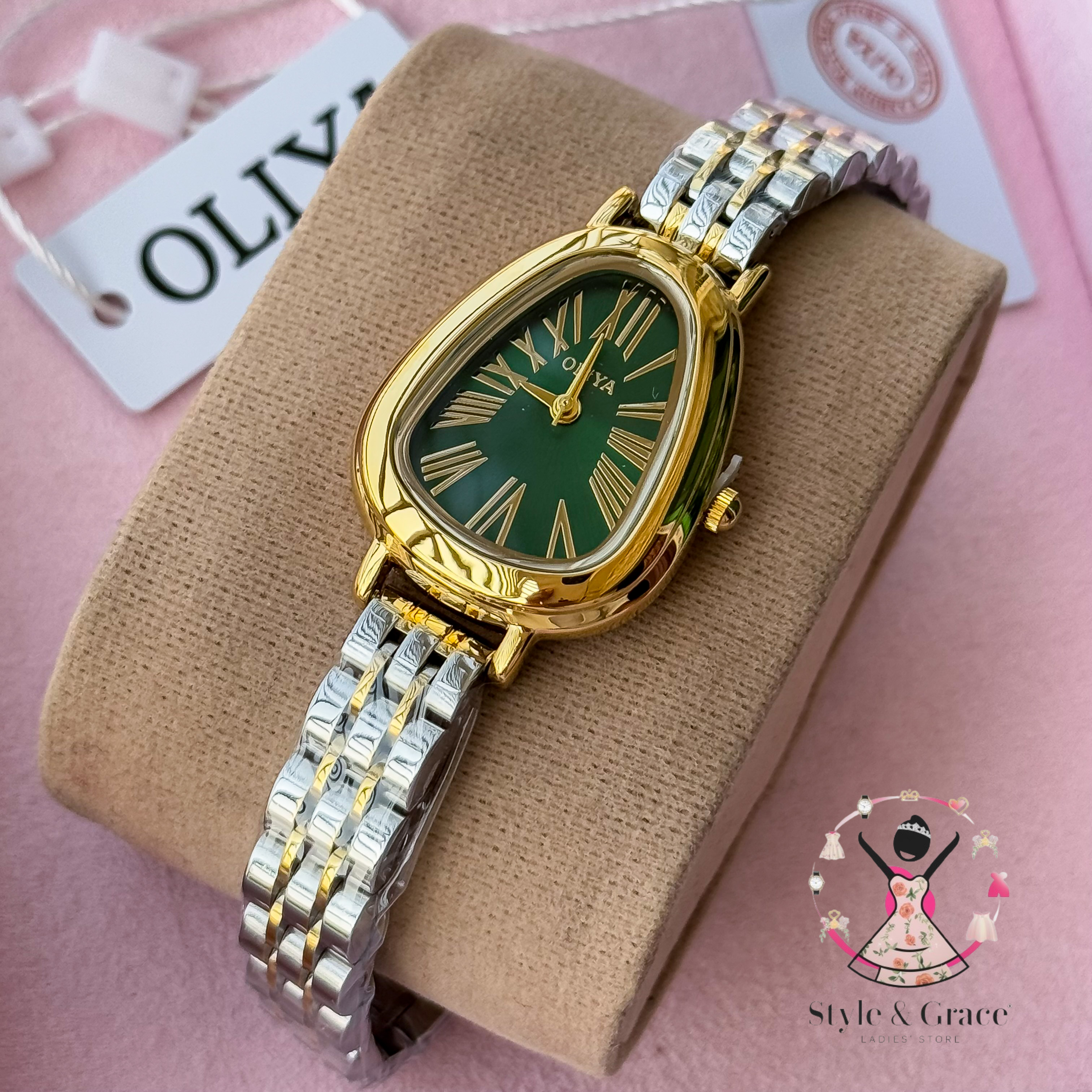 Oliya-Round Triangle | Green dial with gold accent | Dual Tone | Authentic Brand