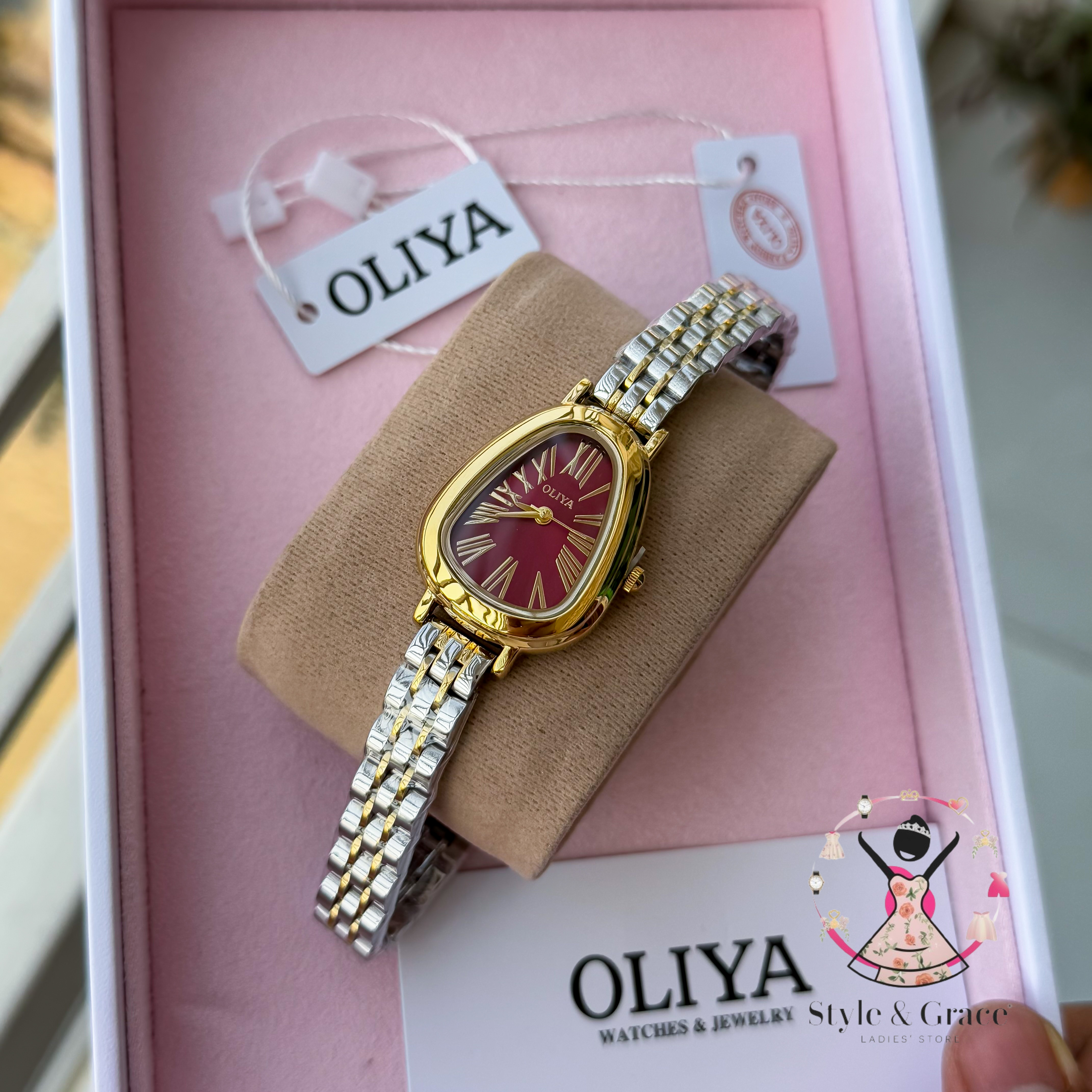 Oliya-Round Triangle | Burgundy dial with gold accent | Dual Tone | Authentic Brand