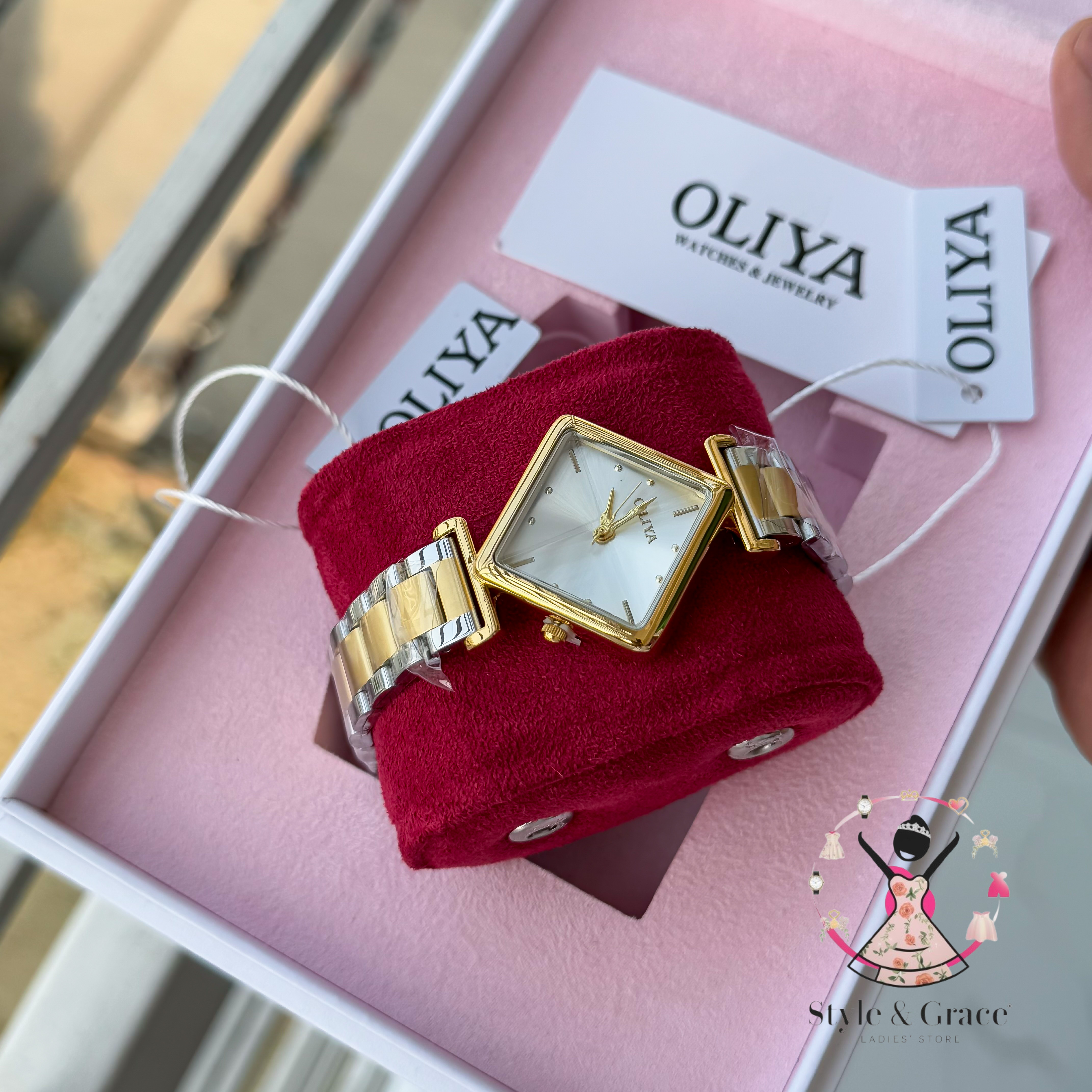 Oliya-Square Triangle | Pearl white dial with gold accent | Dual Tone | Authentic Brand
