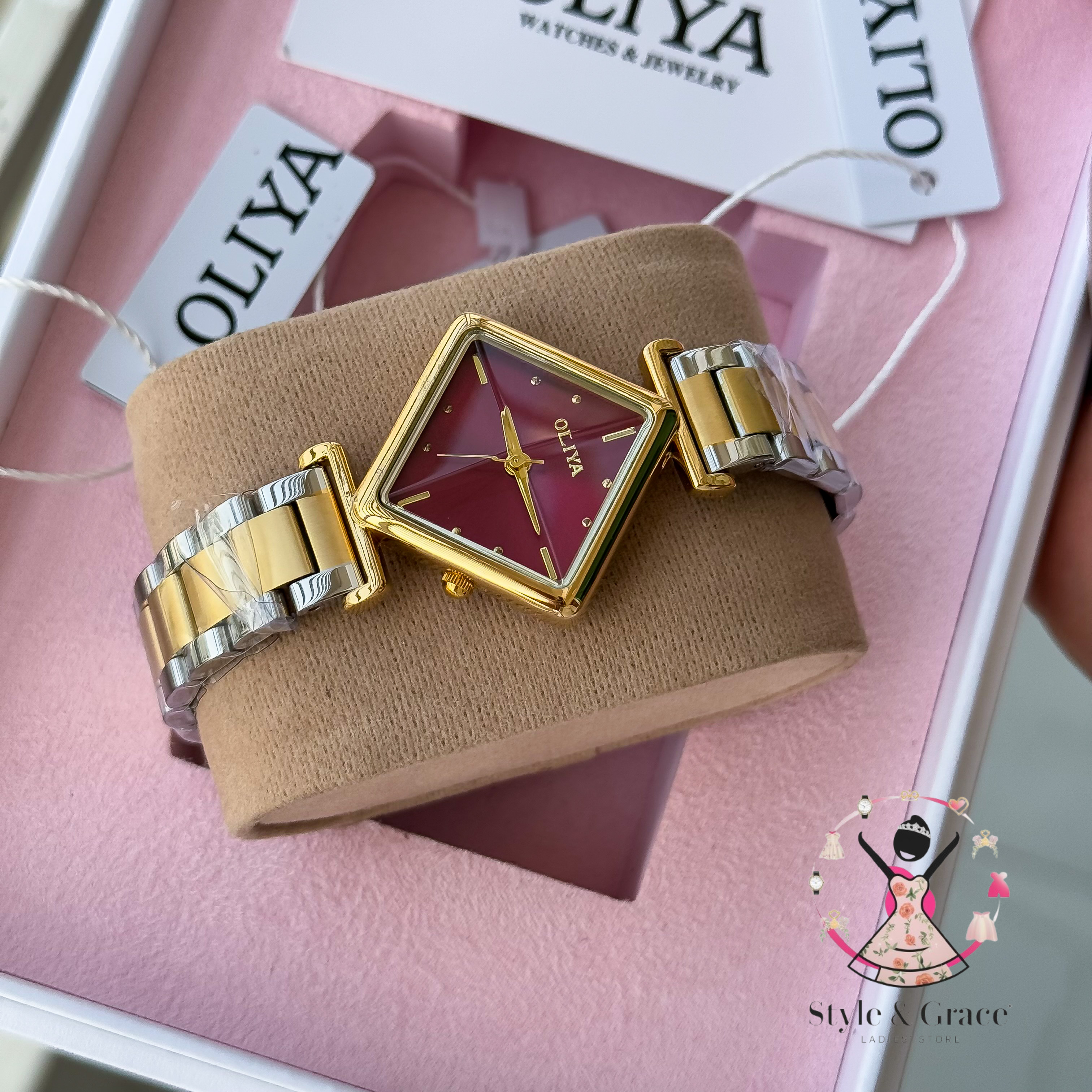 Oliya-Square Triangle | Maroon dial with gold accent | Dual Tone | Authentic Brand
