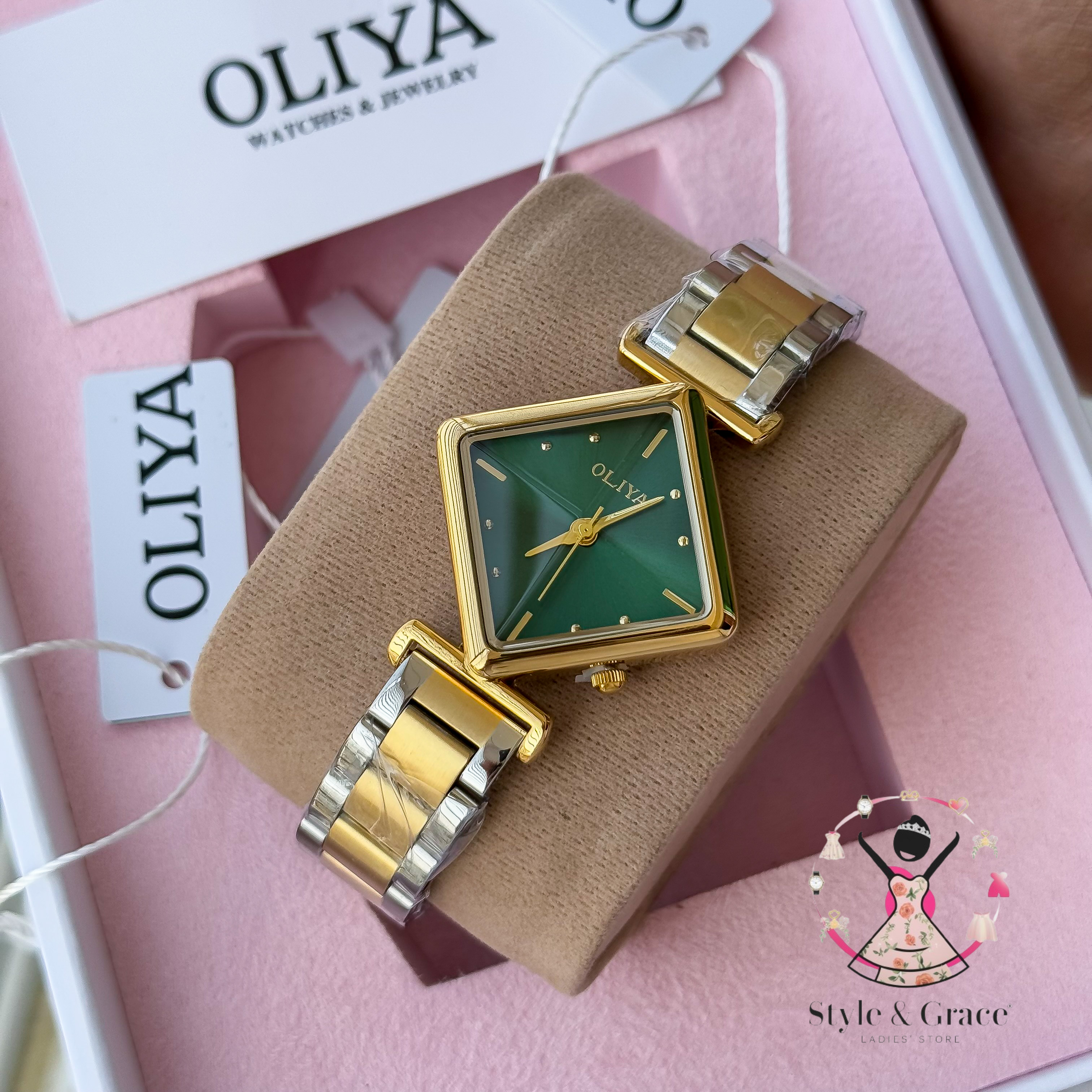 Oliya-Square Triangle | Green dial with gold accent | Dual Tone | Authentic Brand