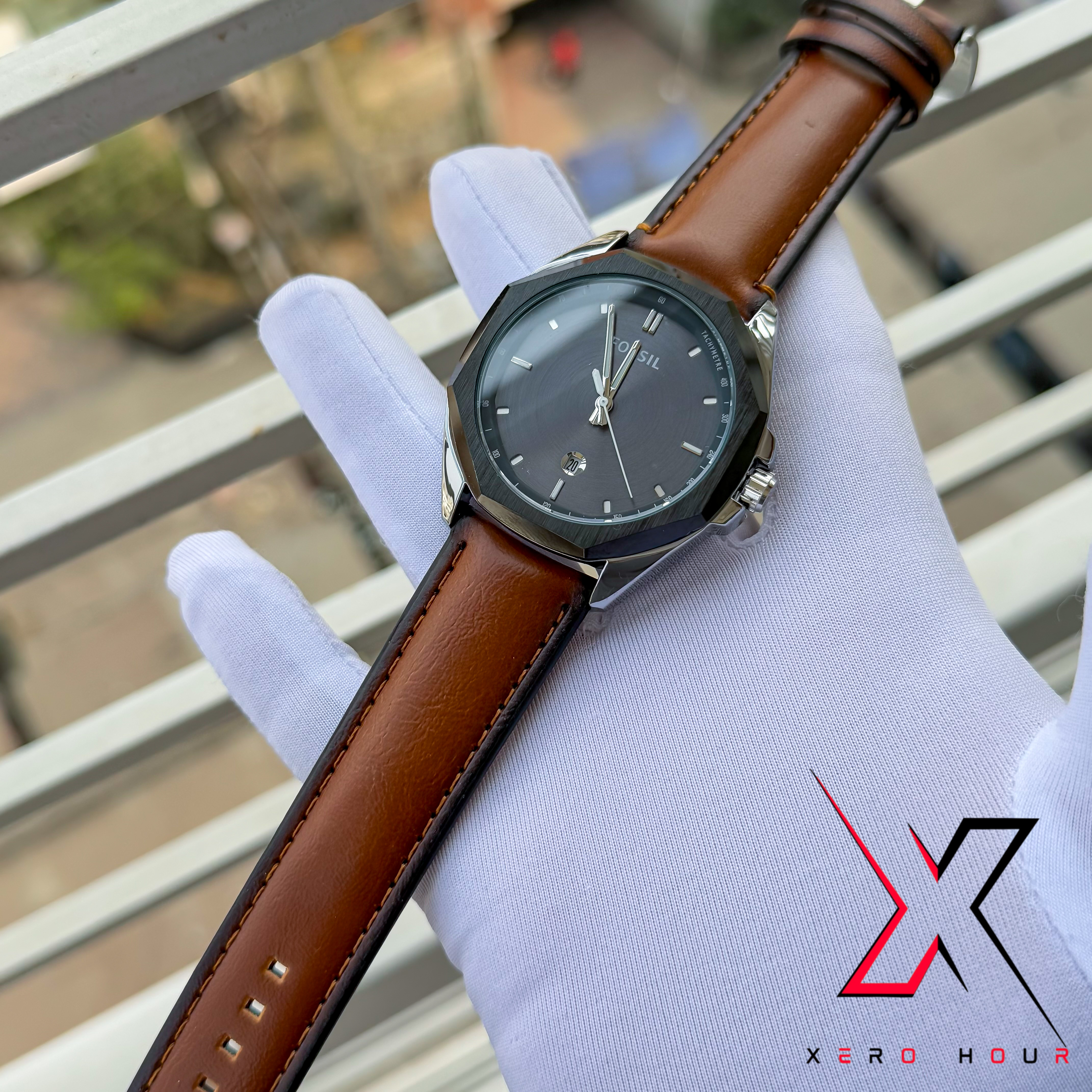 FOSSIL | PLAIN DIAL HEXA | LEATHER BROWN | DATE JUST | AA