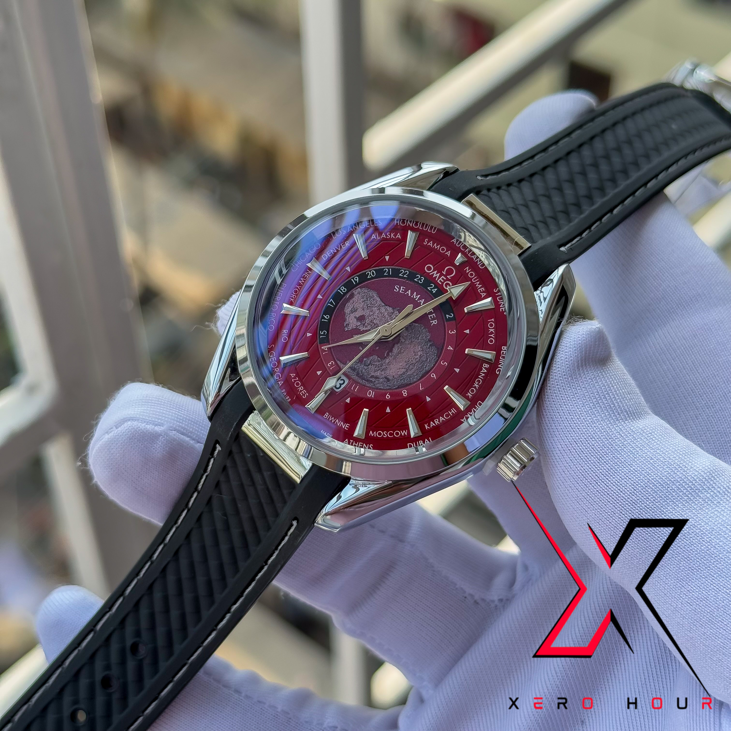 Omeaga Aqua terra | world timer | Silicon Strap | Red Dial